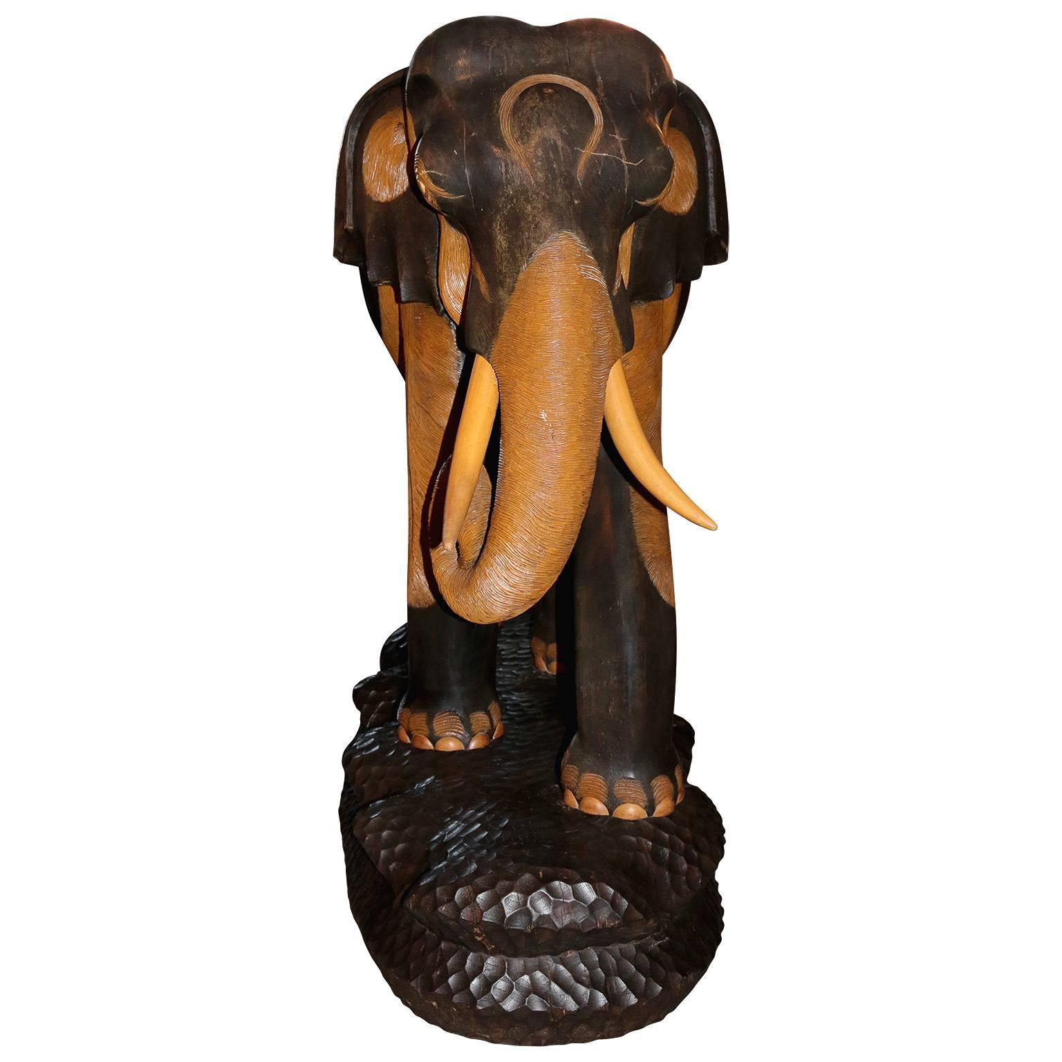 Unknown Hand-Carved and Painted Mahogany Wooden Elephant