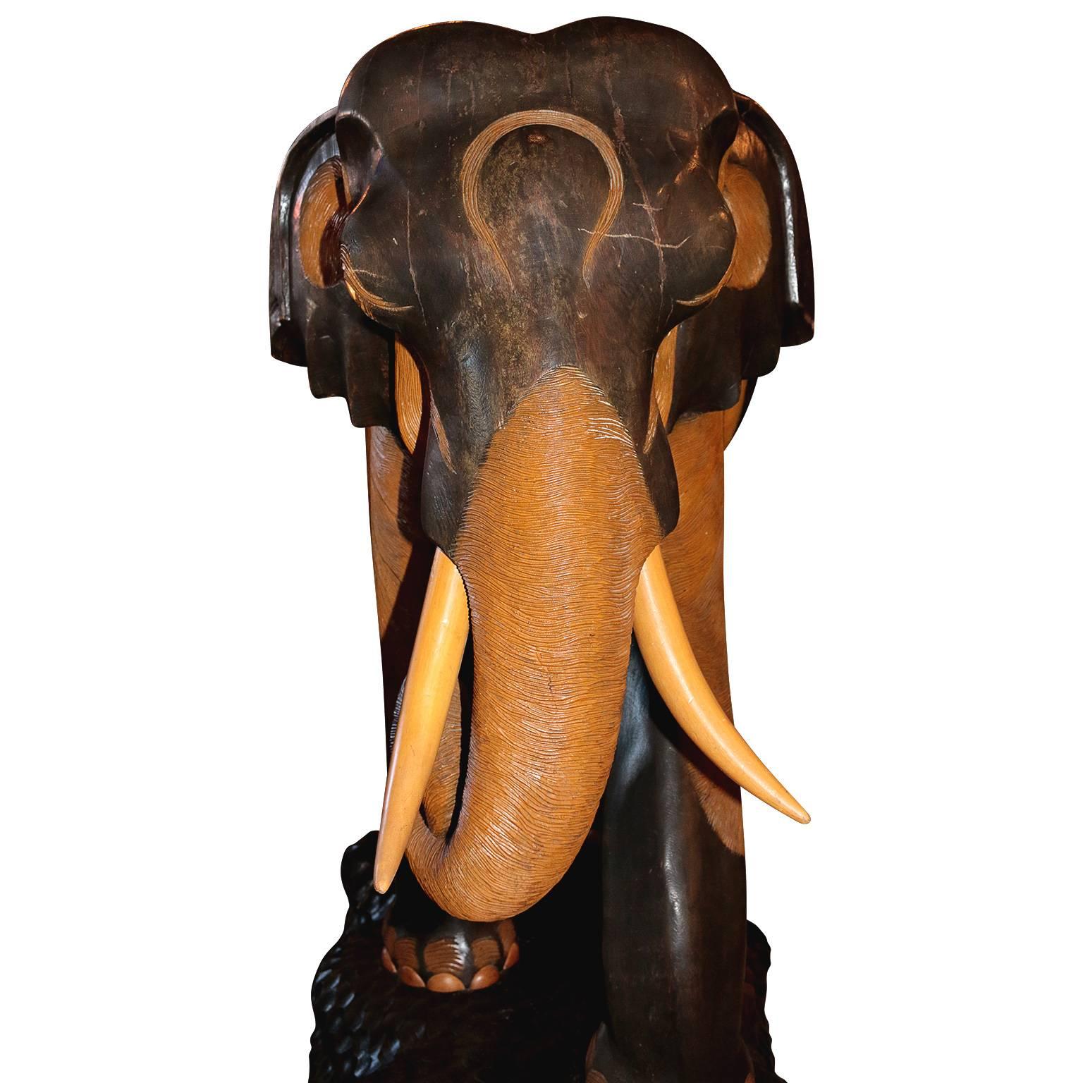 Hand-Carved and Painted Mahogany Wooden Elephant In Excellent Condition In Pasadena, CA