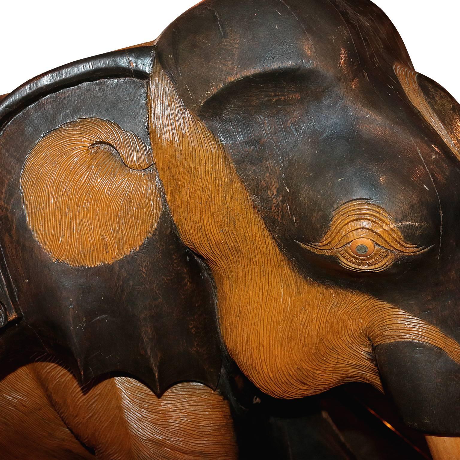 20th Century Hand-Carved and Painted Mahogany Wooden Elephant