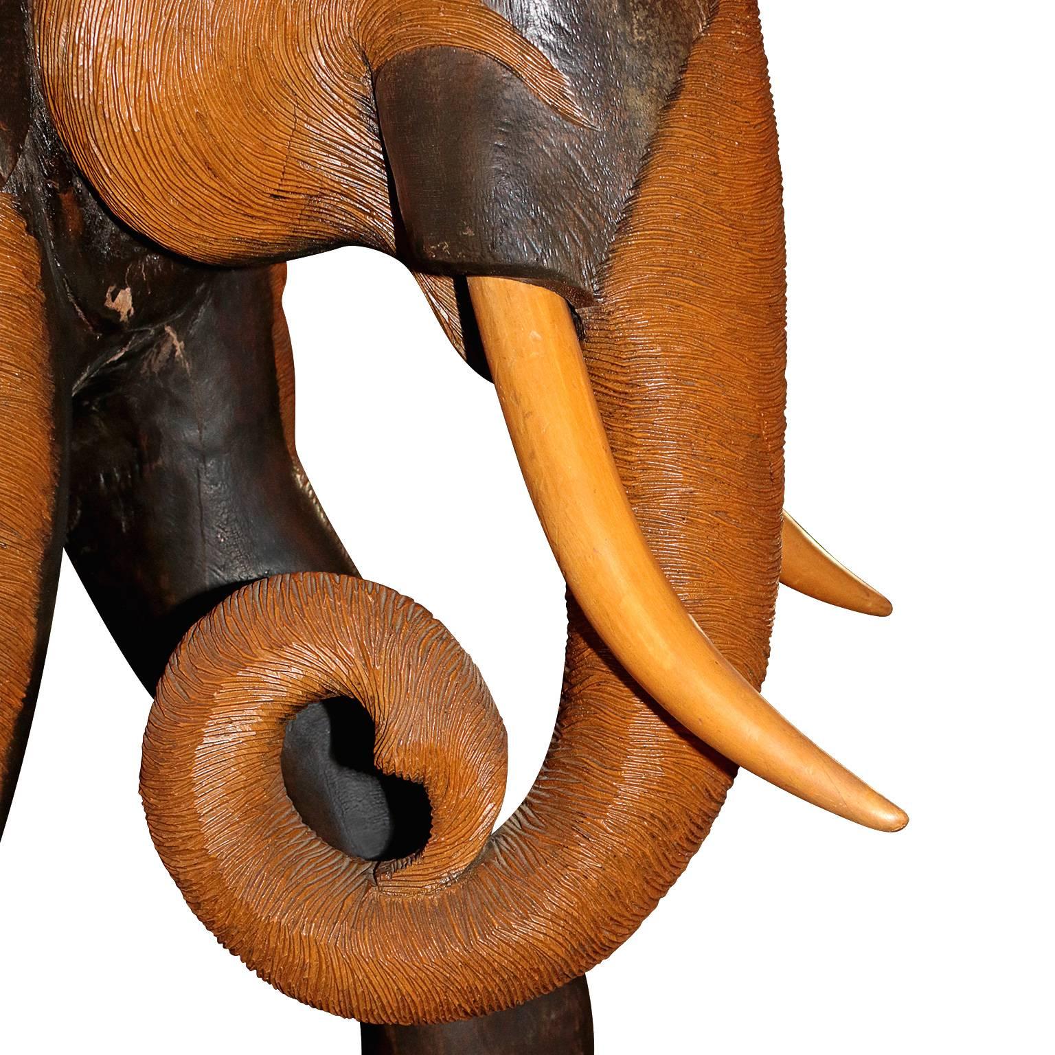 Hand-Carved and Painted Mahogany Wooden Elephant 1