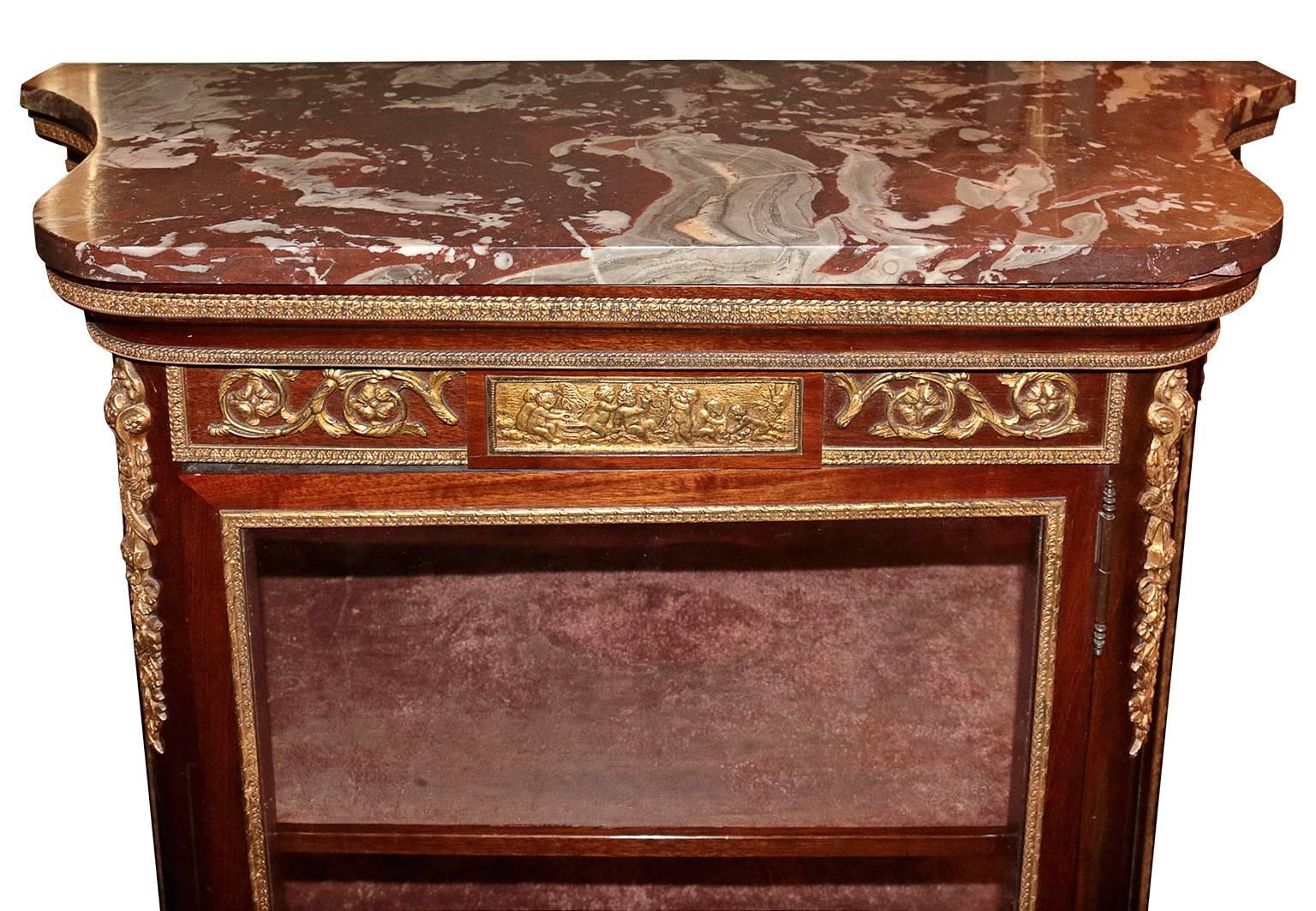 19th Century French Hand-Painted Ormolu Bronze Marble Top Vitrine In Excellent Condition In Pasadena, CA