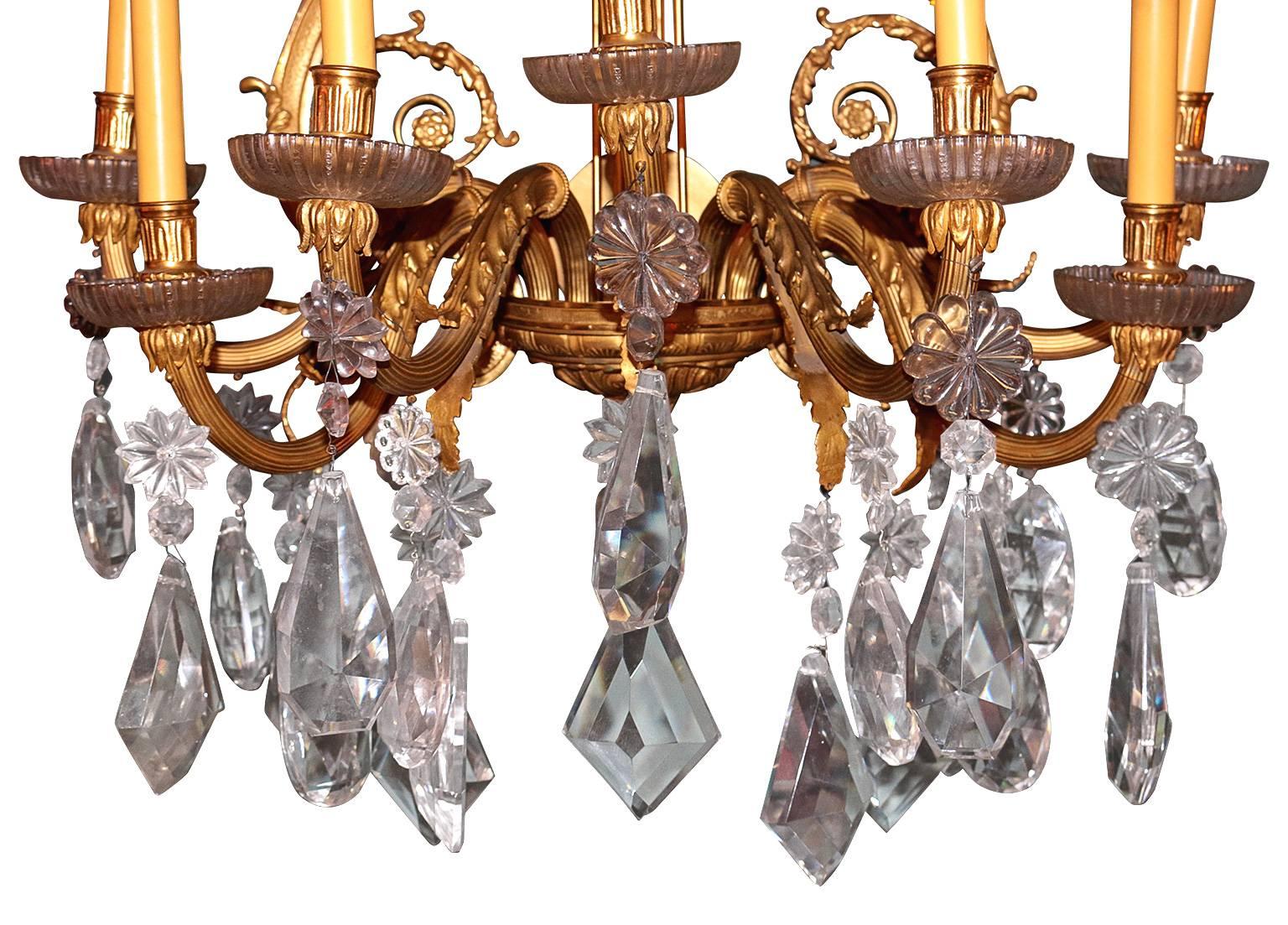 French Provincial Pair of 19th Century French Dore Bronze Cut Crustal Sconces For Sale