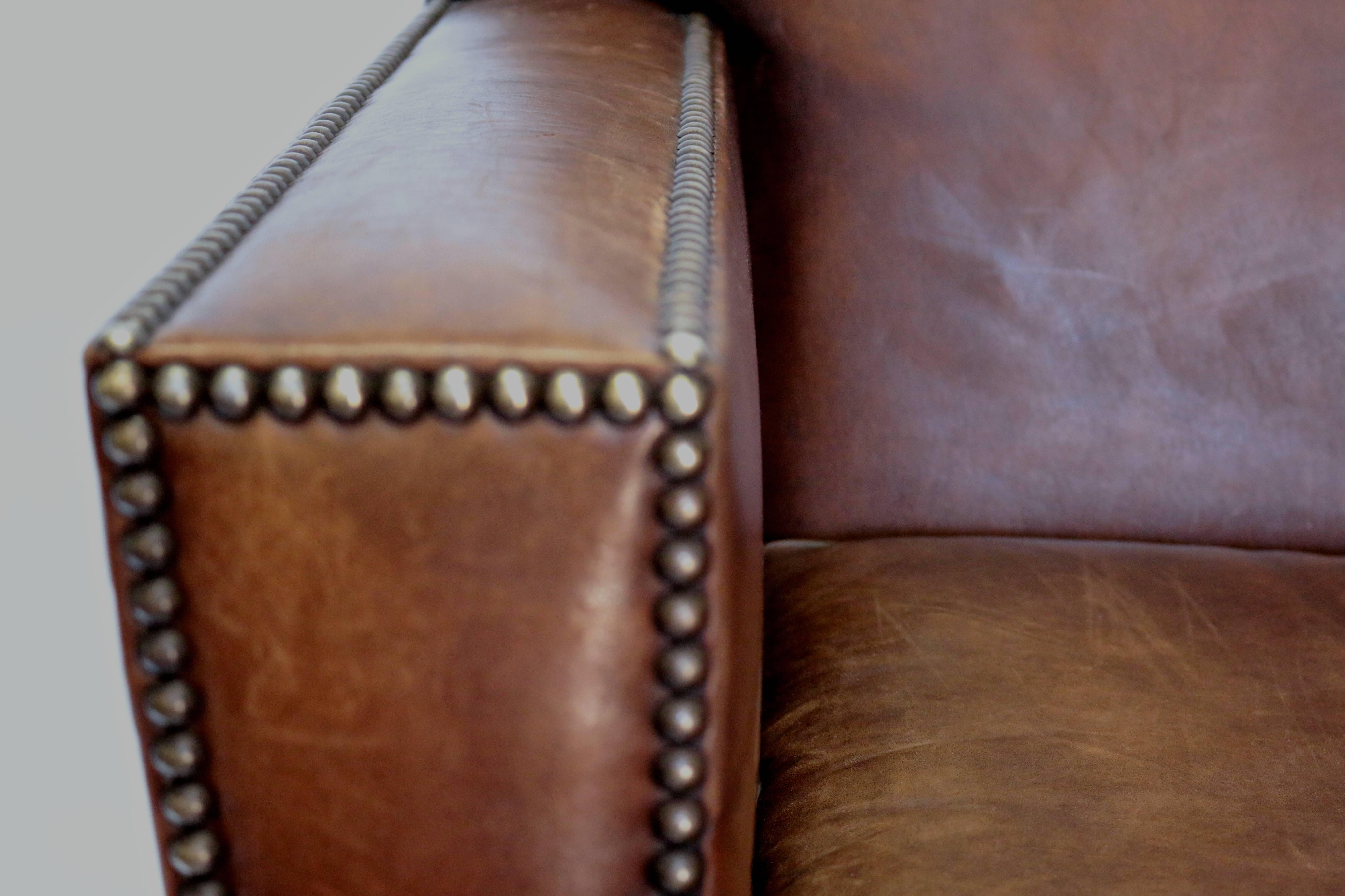 Brass Art Deco Studded Leather Cigar Club Chair by Ralph Lauren