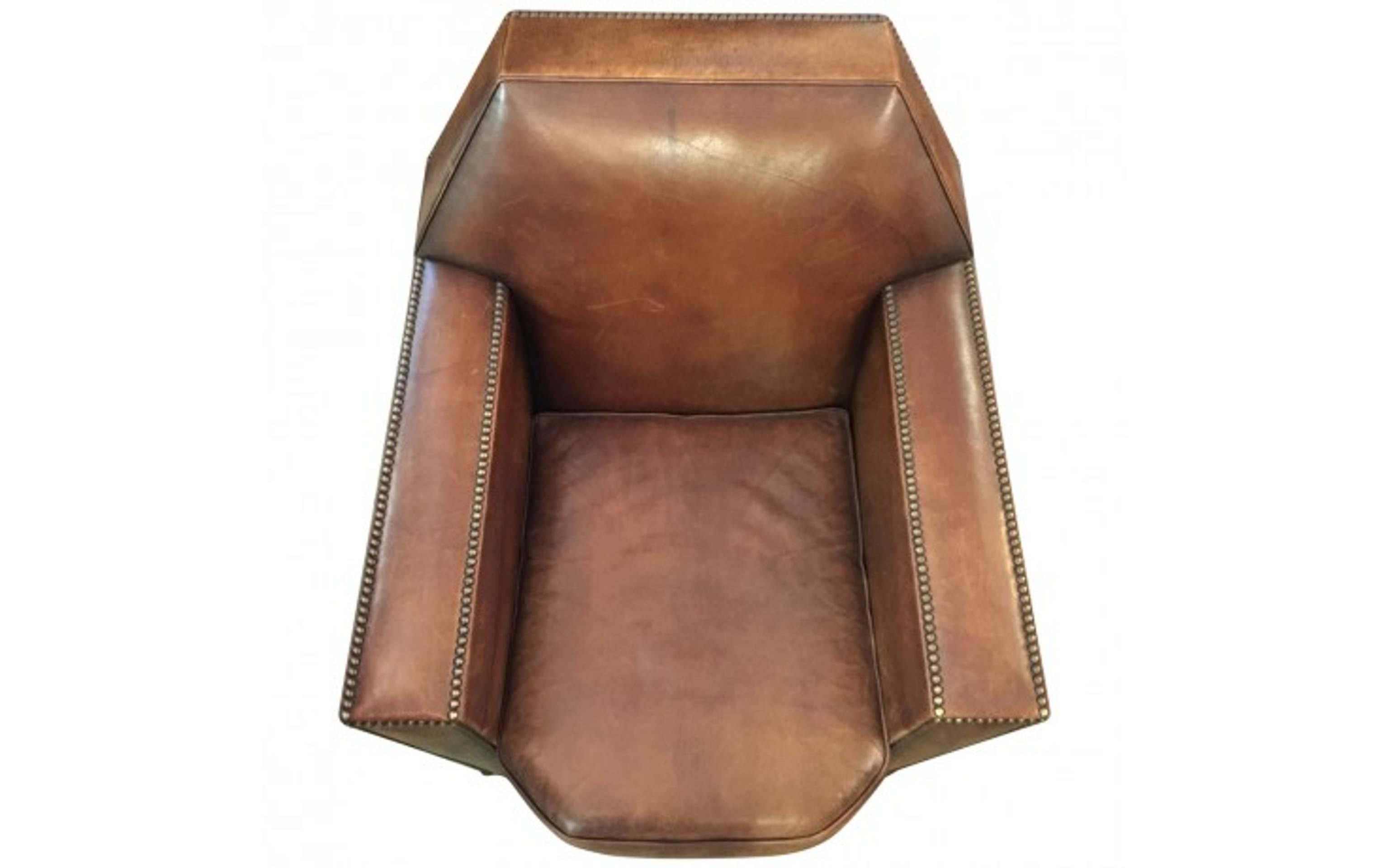Art Deco Studded Leather Cigar Club Chair by Ralph Lauren In Distressed Condition In Pasadena, CA