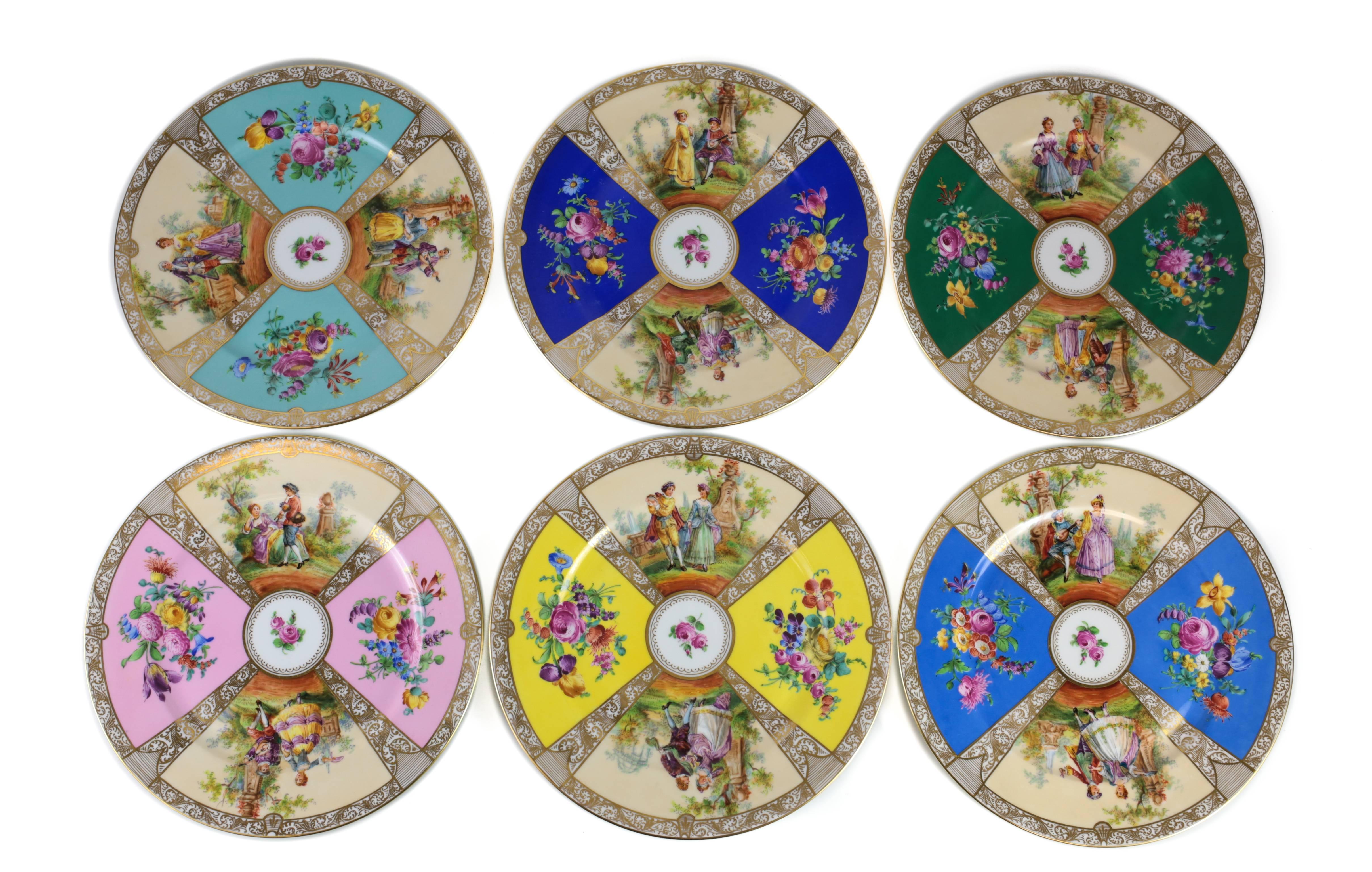 12 Dresden Porcelain Hand-Painted Cabinet Plates by Ambrosius Lamm In Excellent Condition In Pasadena, CA