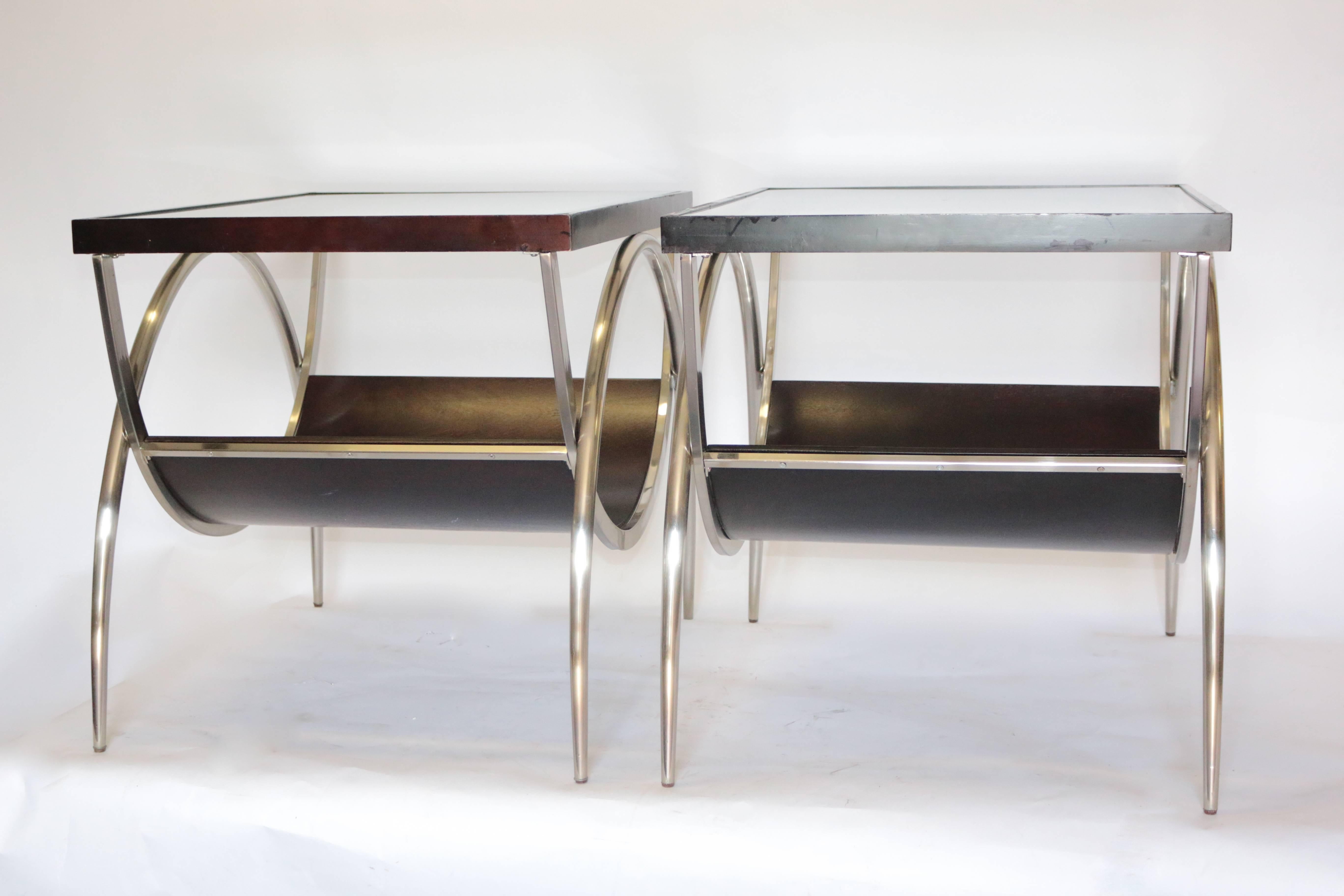 Italian Pair of Modern Chrome and Wood, Glass End Tables