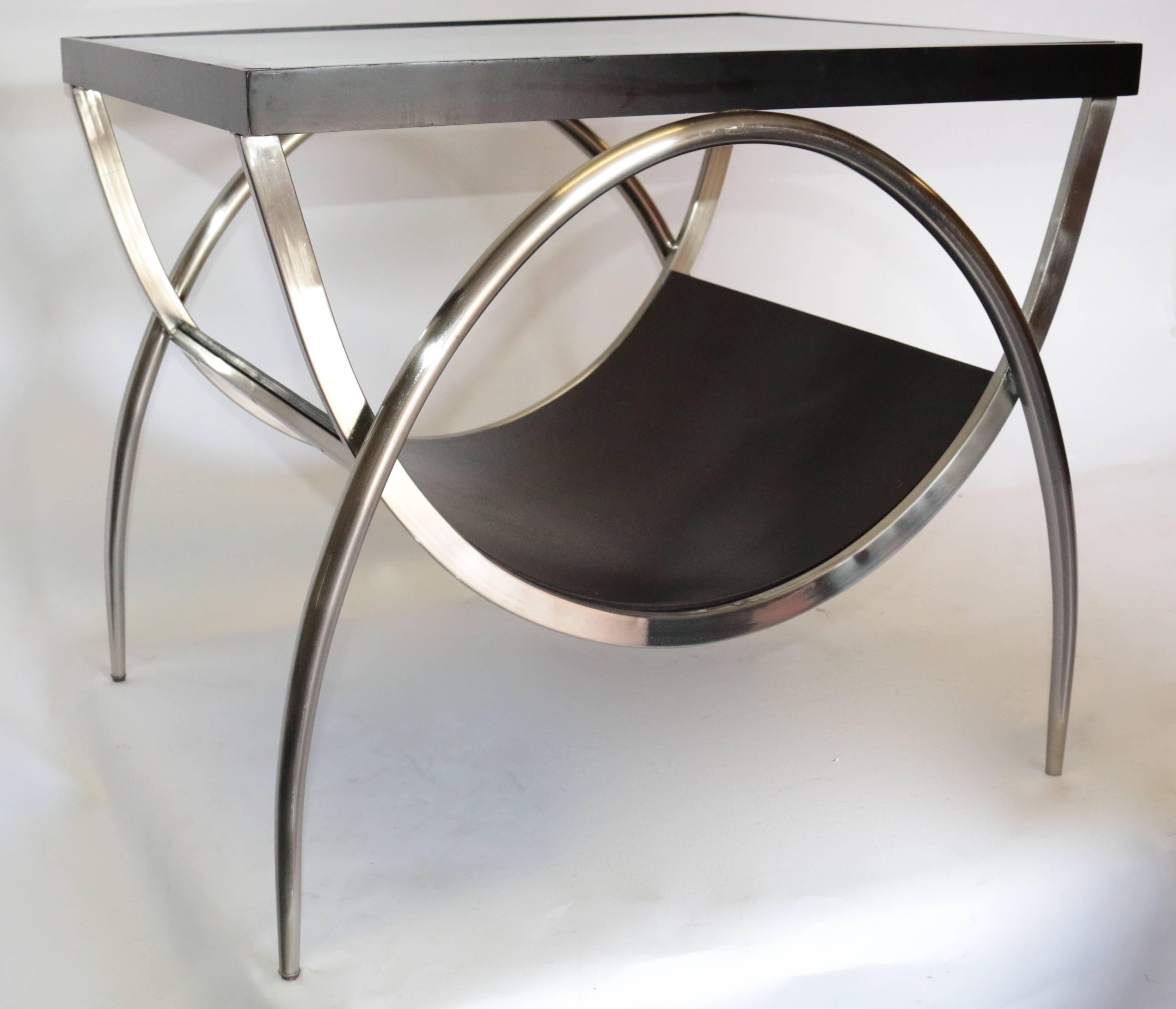 Pair of Modern Chrome and Wood, Glass End Tables 1