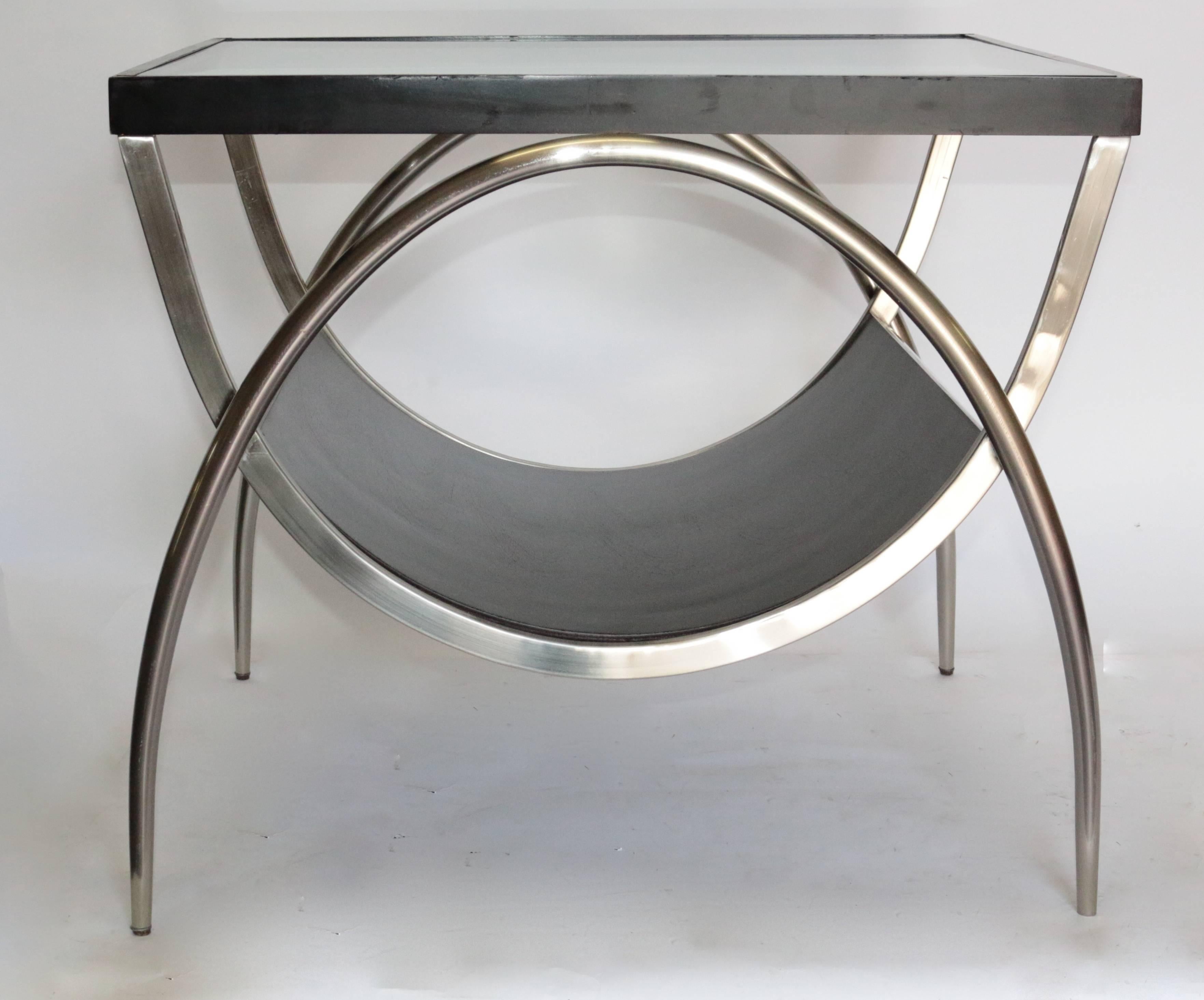 Pair of Modern Chrome and Wood, Glass End Tables 2
