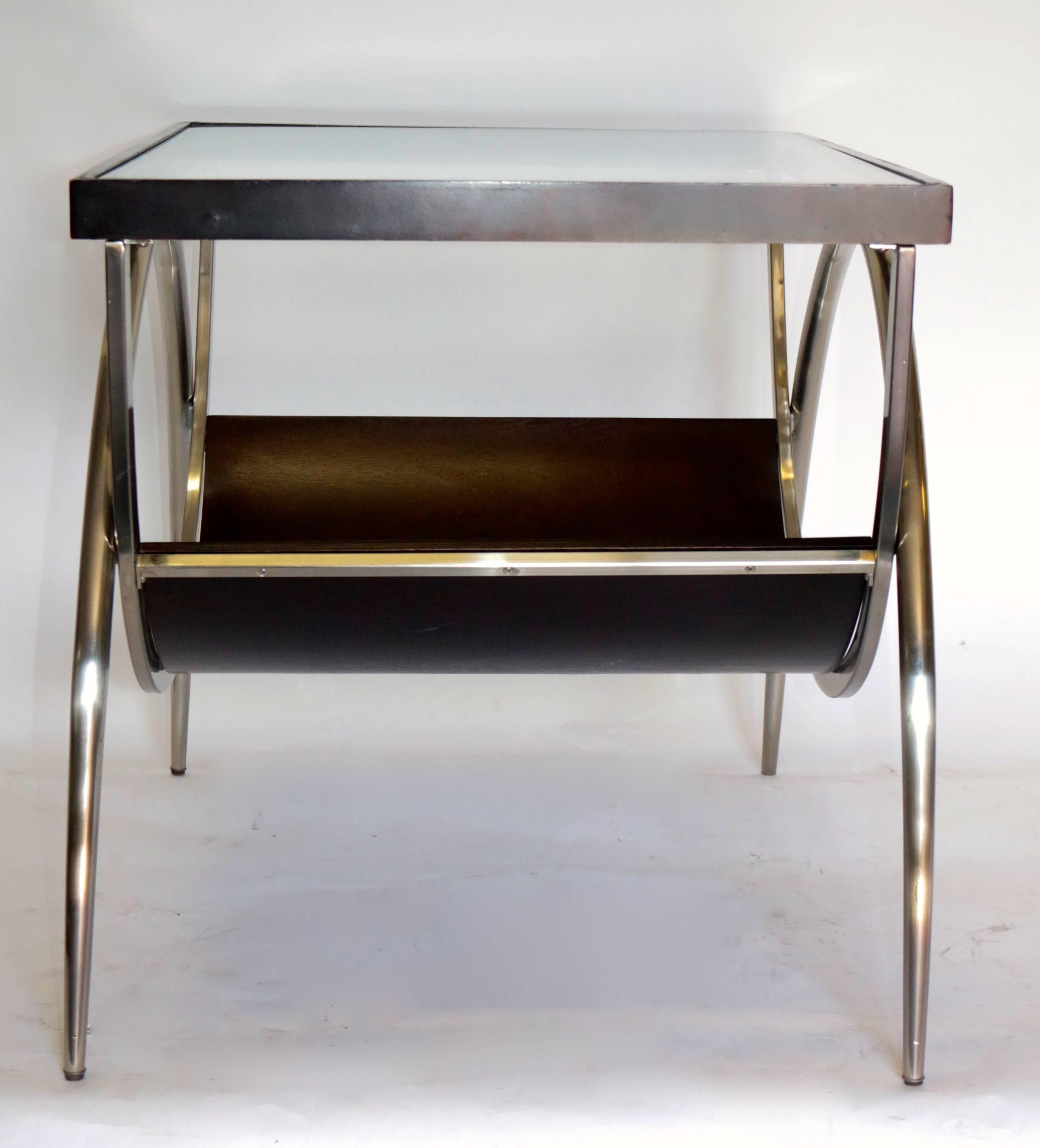 Pair of Modern Chrome and Wood, Glass End Tables 4