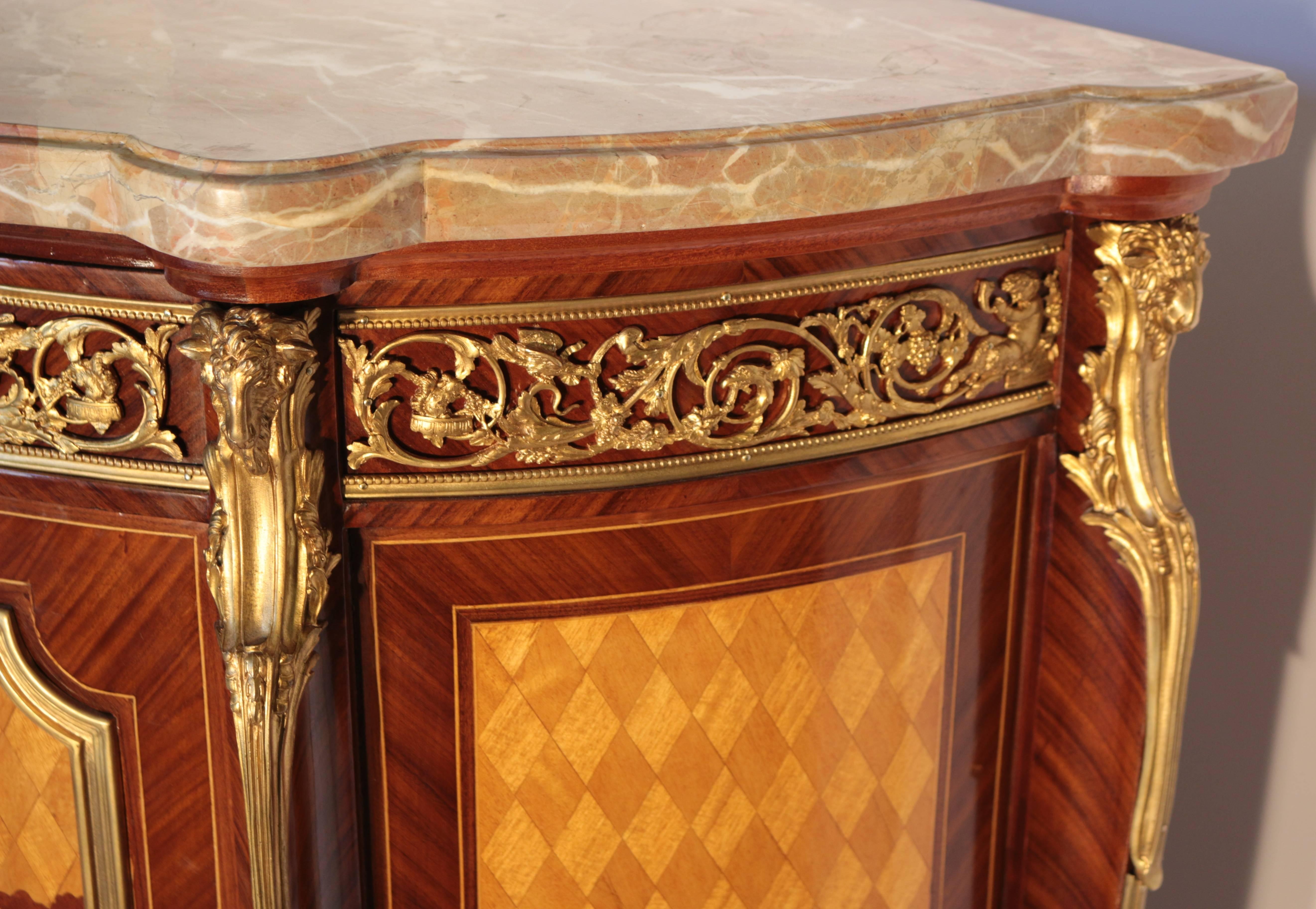 Mid-20th Century Pair of Inlay French Style Demilune Marble-Top Cabinets