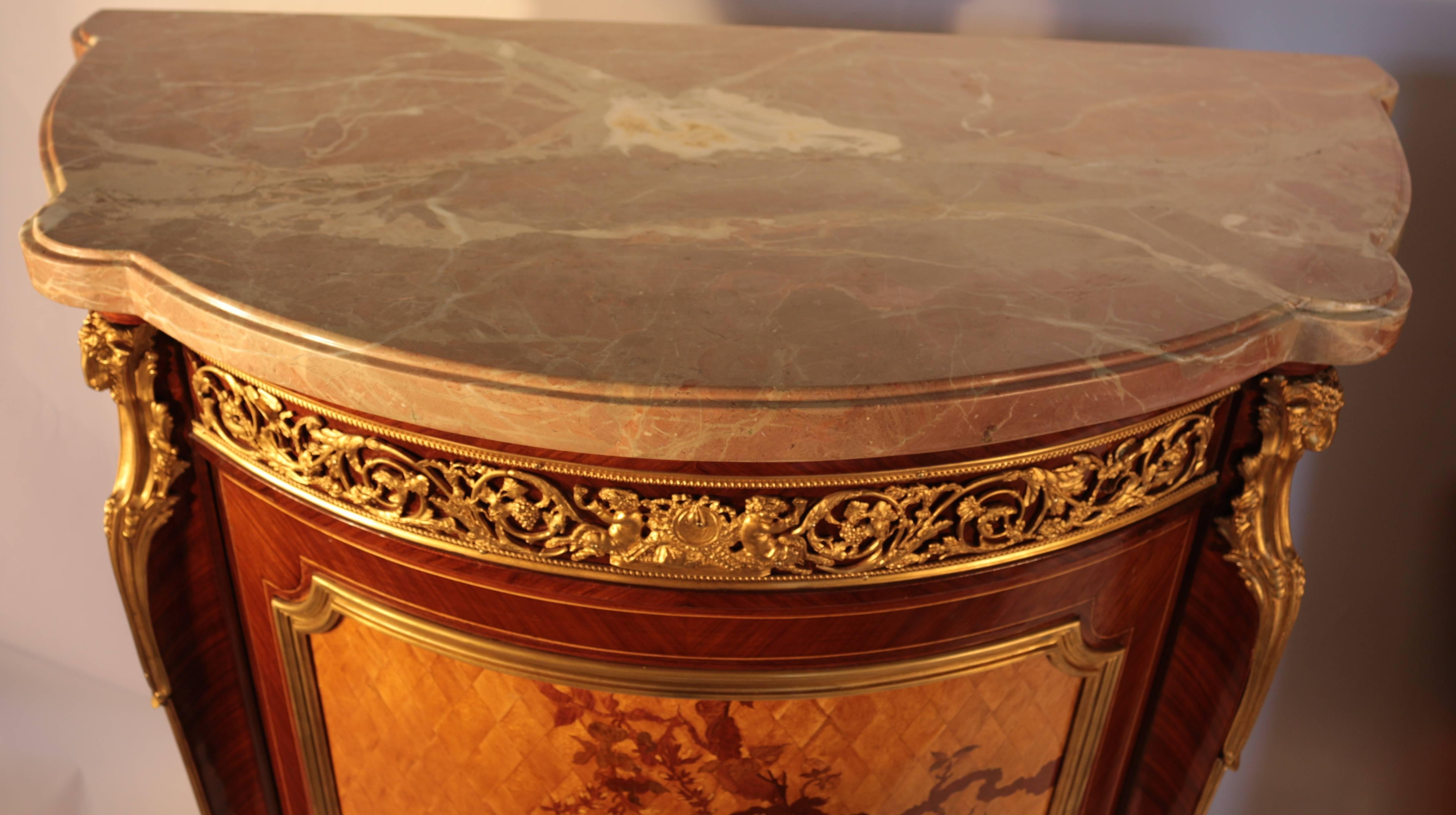 Bronze Pair of Inlay French Style Demilune Marble-Top Cabinets