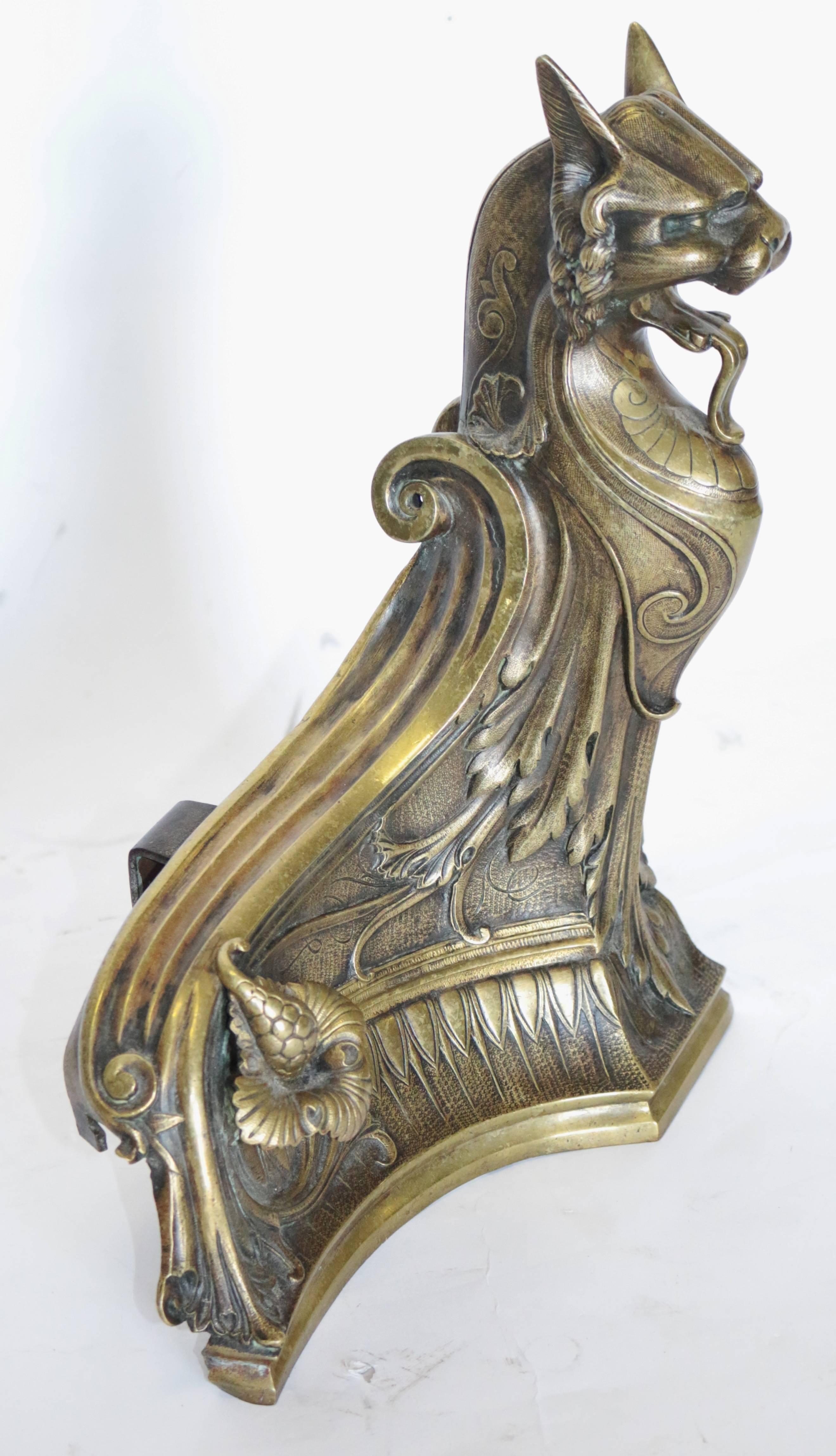 Pair of Signed 19th Century Art Nouveau Bronze French Ormolu Chenets, Andirons In Excellent Condition In Pasadena, CA