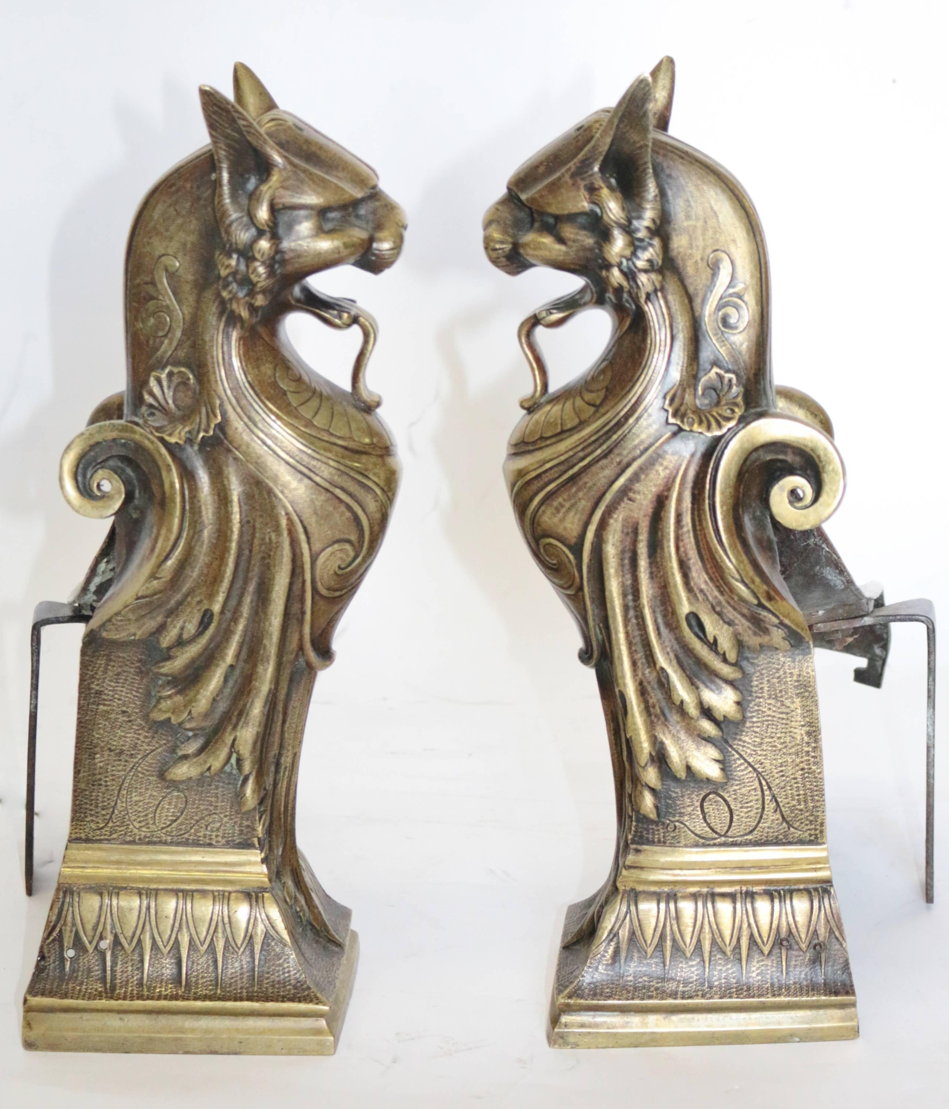 Pair of Signed 19th Century Art Nouveau Bronze French Ormolu Chenets, Andirons 2