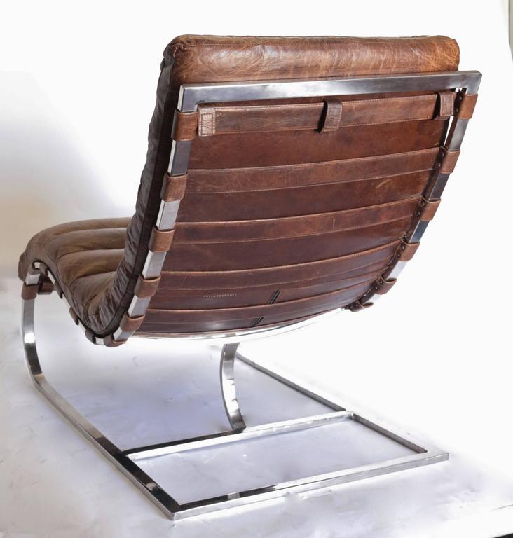 French Distressed Tufted Leather Chaise Longue Chair with Chrome Base