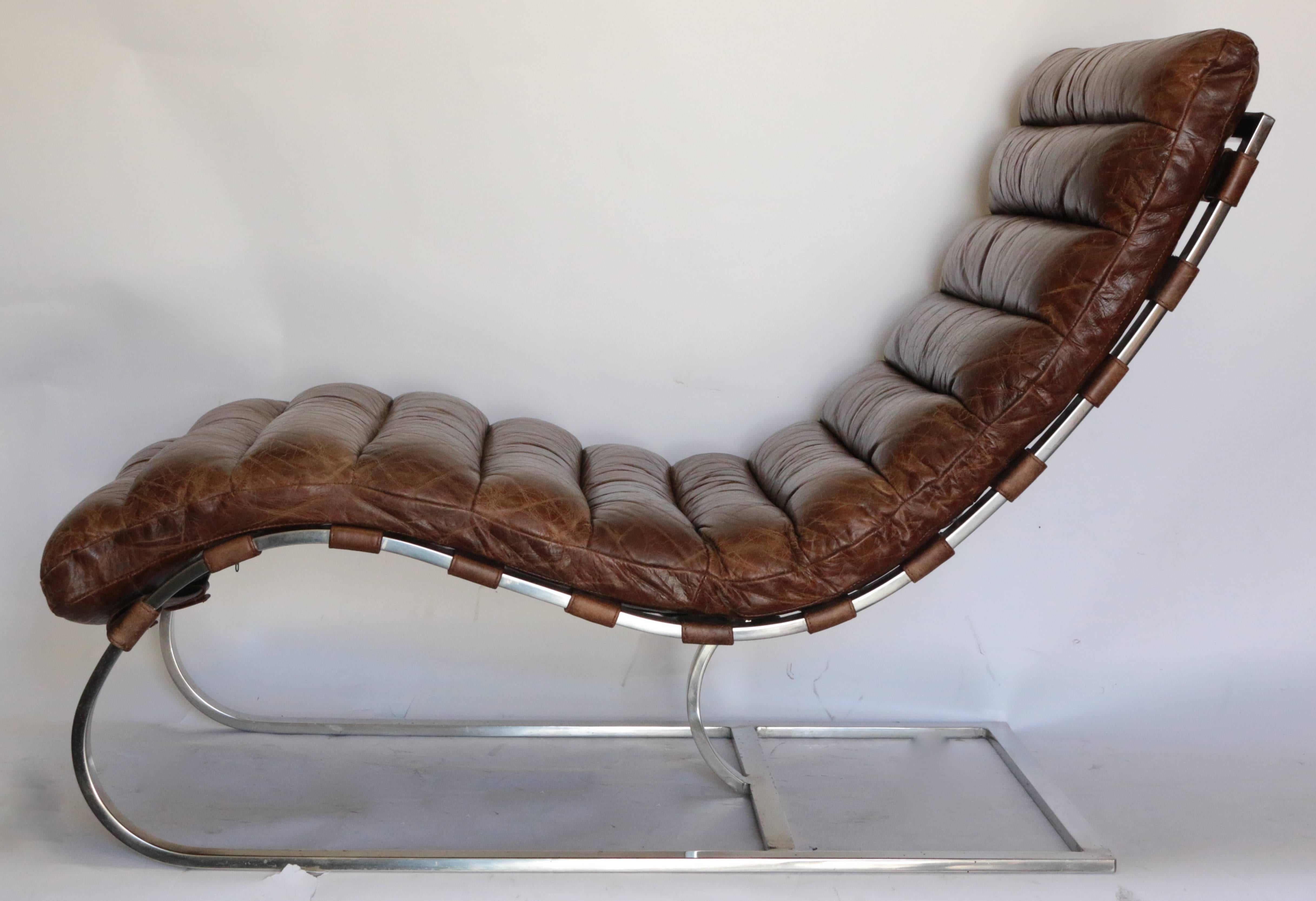 Mid-Century Modern French Distressed Tufted Leather Chaise Longue Chair with Chrome Base