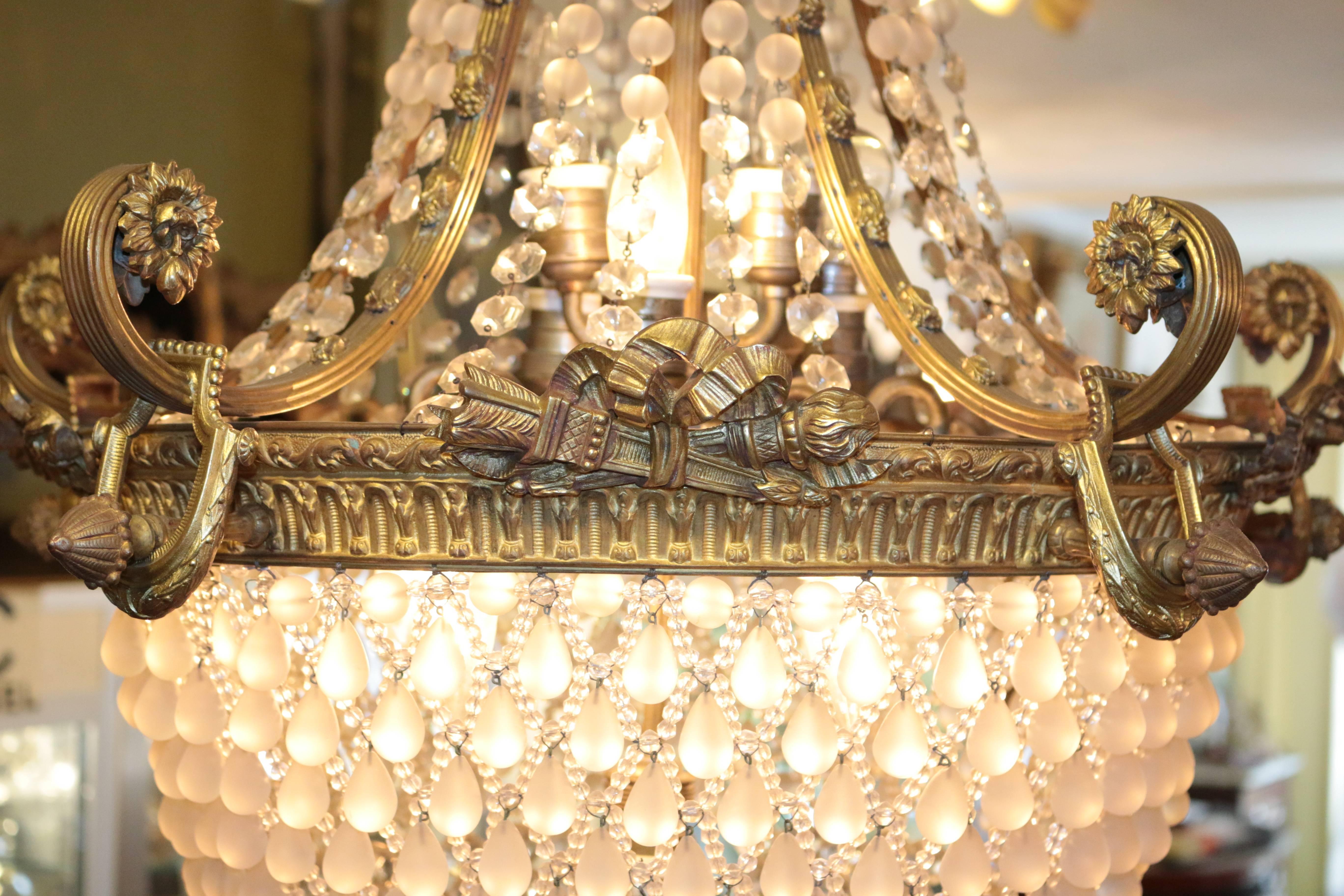 French 19th Century Bronze Beaded Crystal Chandelier