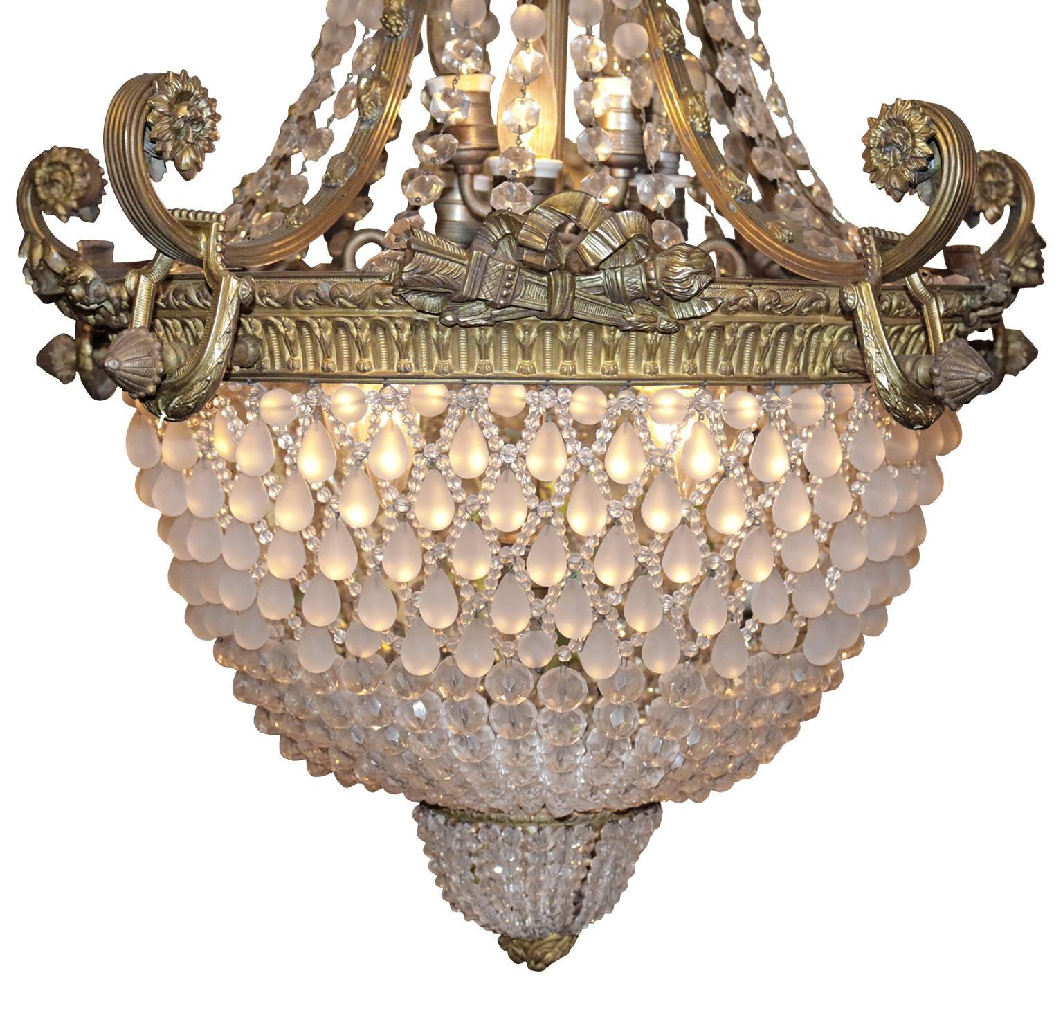 Exceptional 12-light 19th century French bronze chandelier with graduated crystal beads in excellent used condition.
  