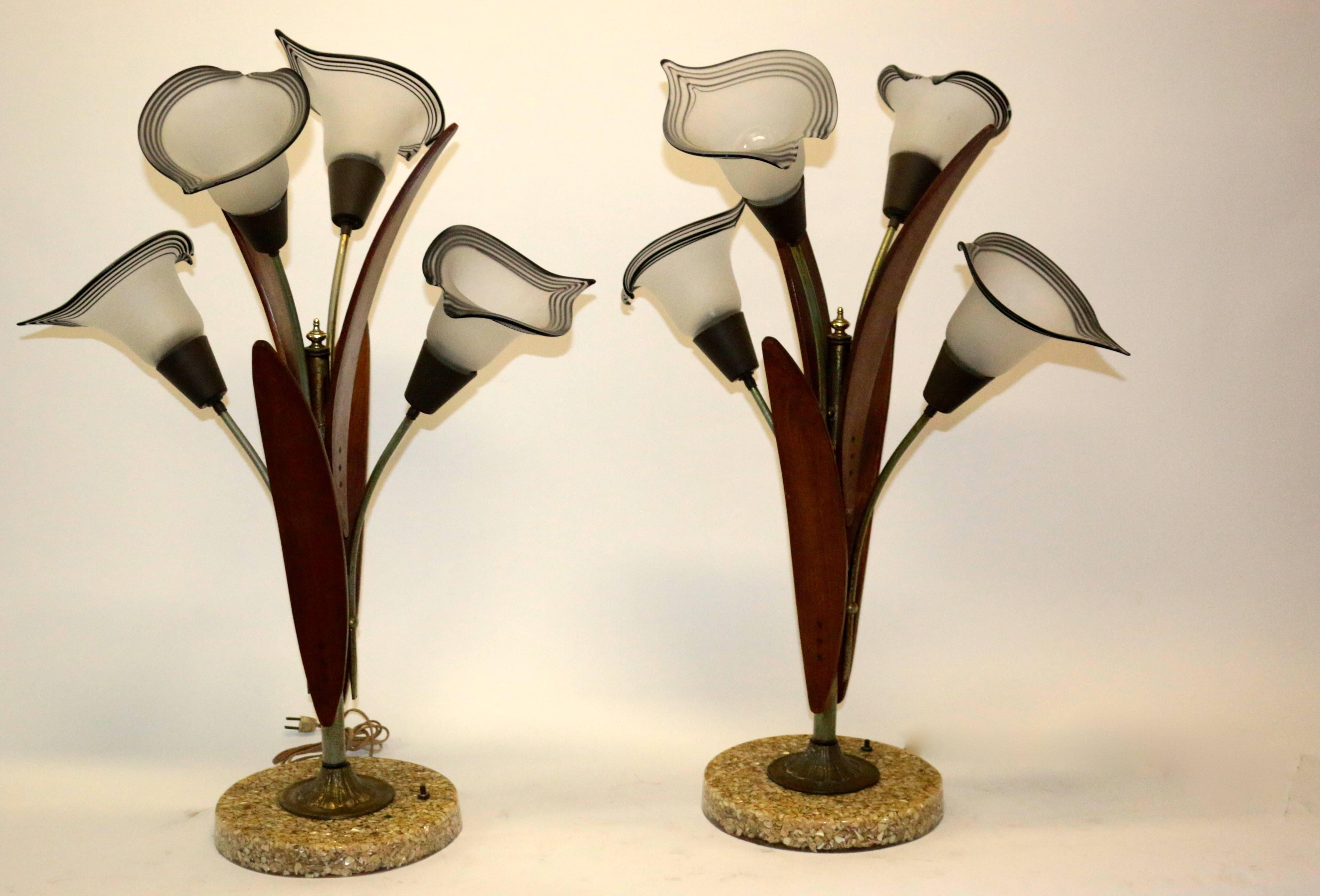 Pair of Mid-Century Teak Wood Table Lamps with Glass Shades 1