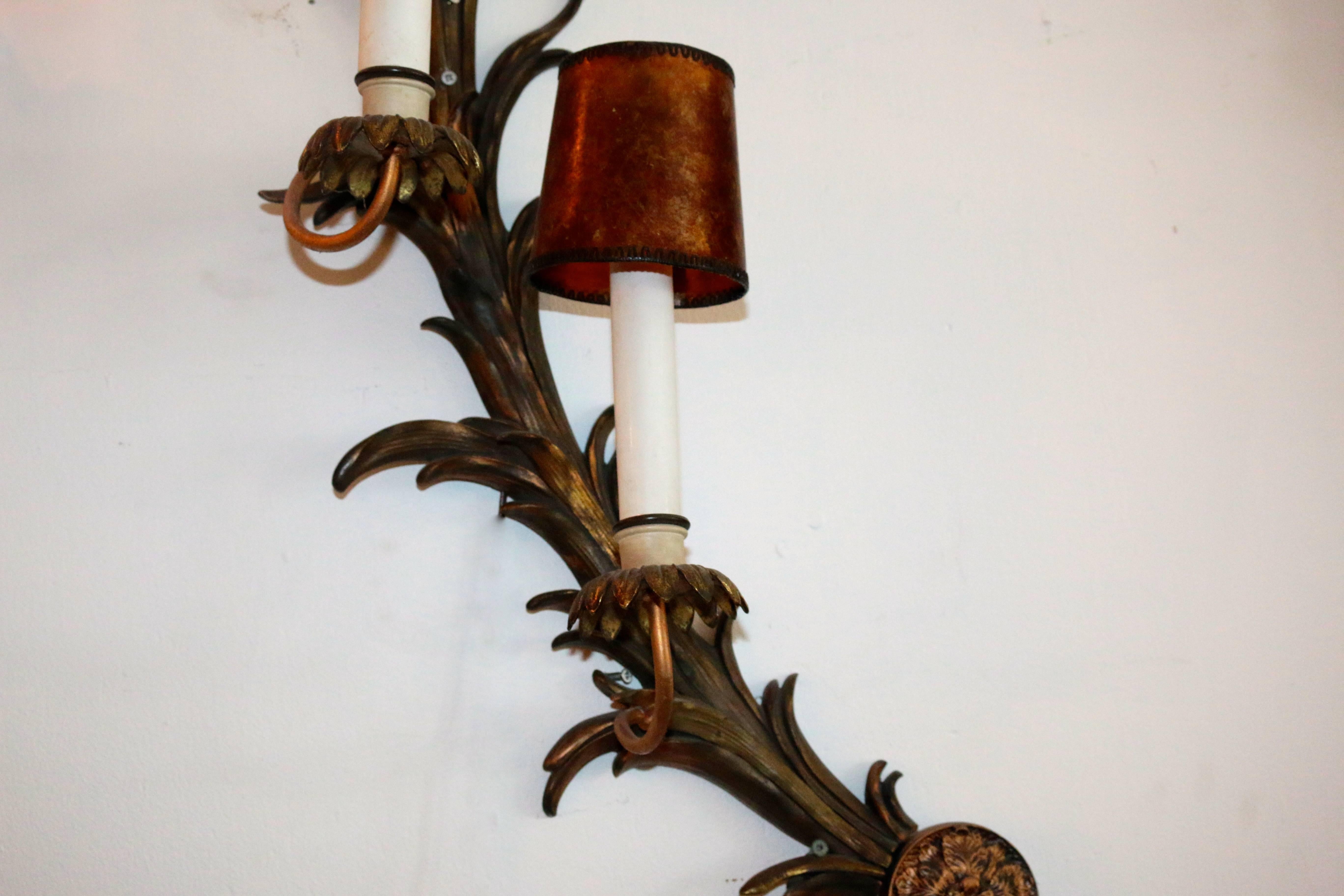 Monumental French Antique Rococo Bronze half moon sconces.
Each with four lights.
Removable mica shades.
