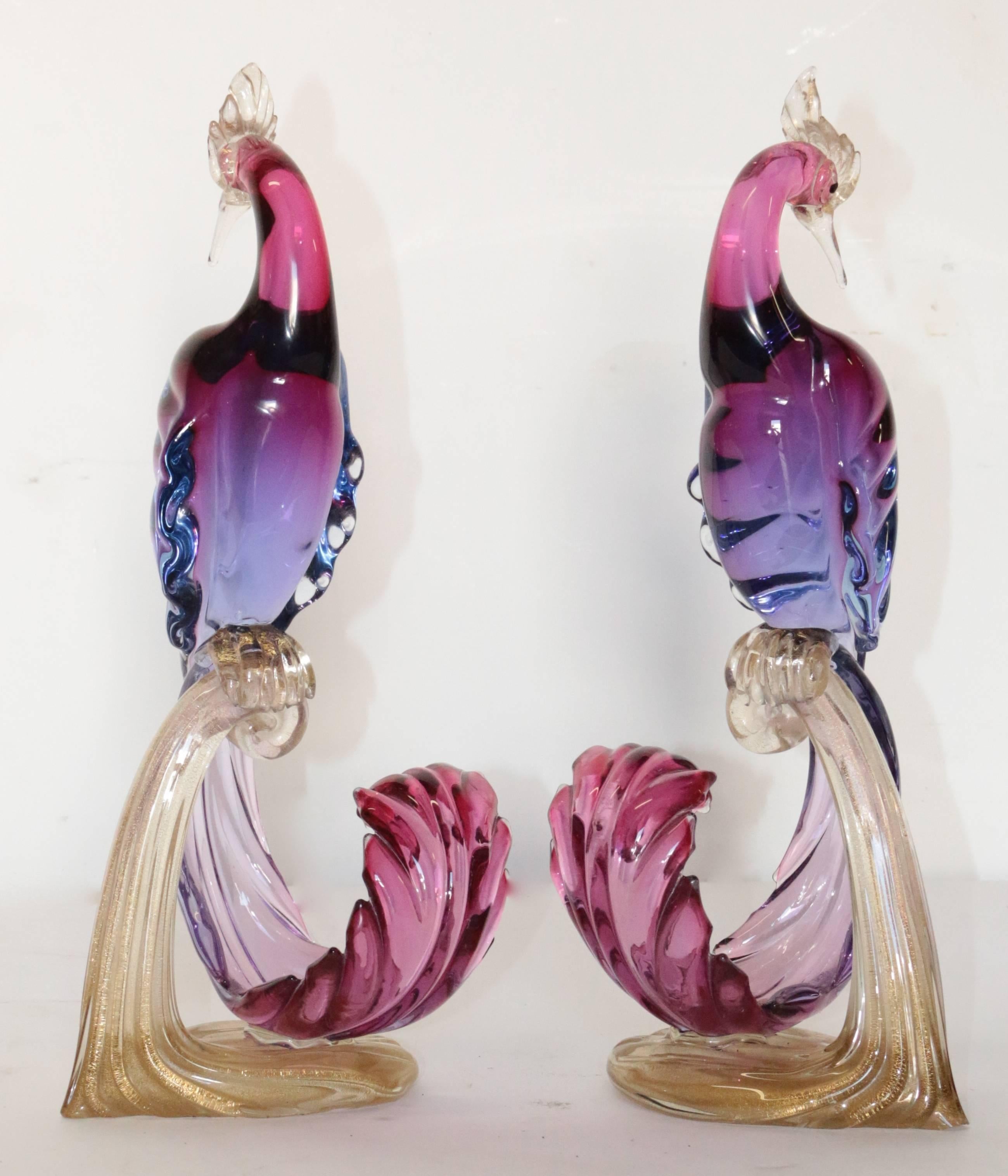 Gold Pair of Alfredo Barbini Murano Birds of Paradise