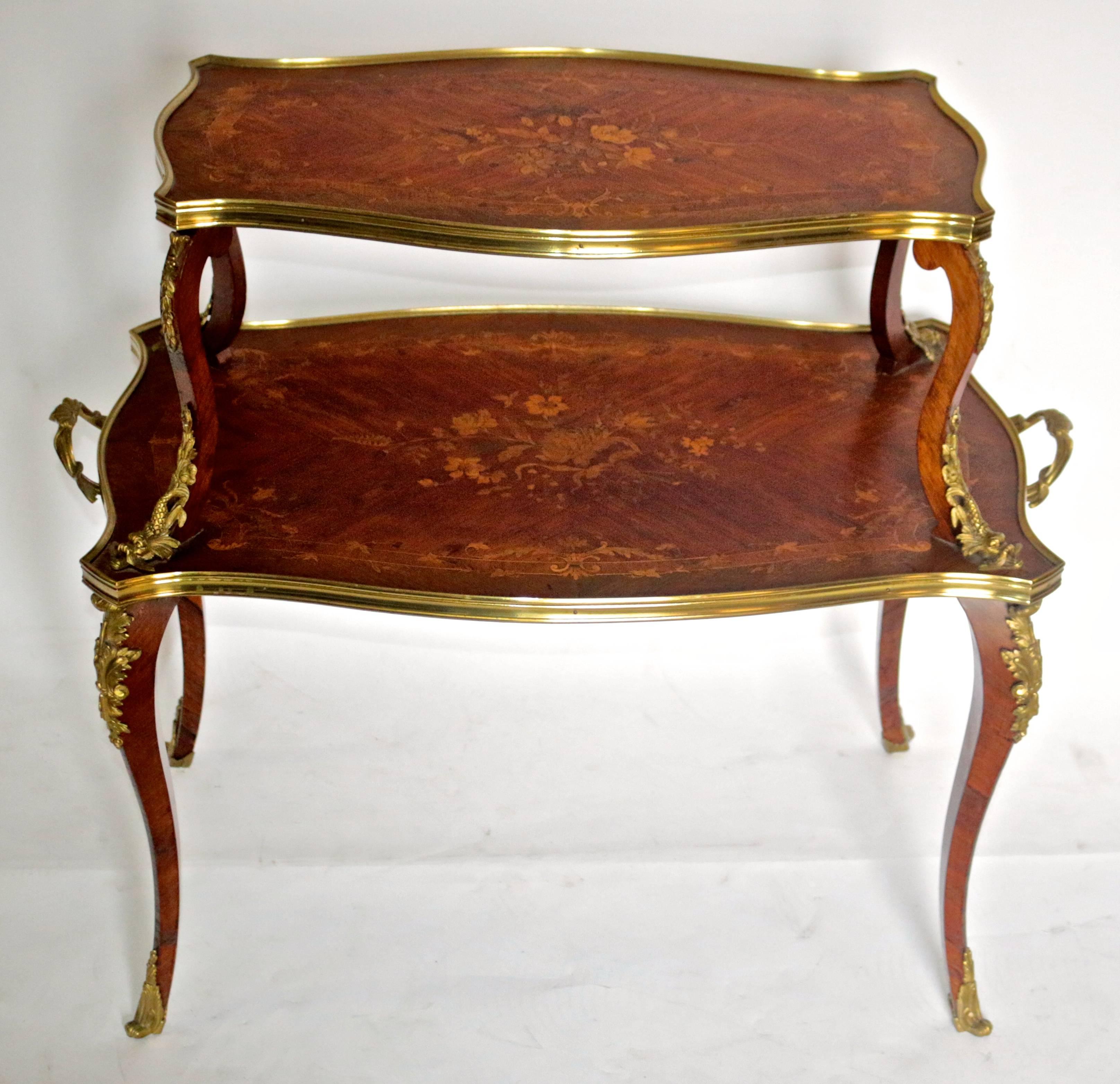 Bronze 19th Century Gilded Inlayed French Two-Tier Desert Side Table For Sale