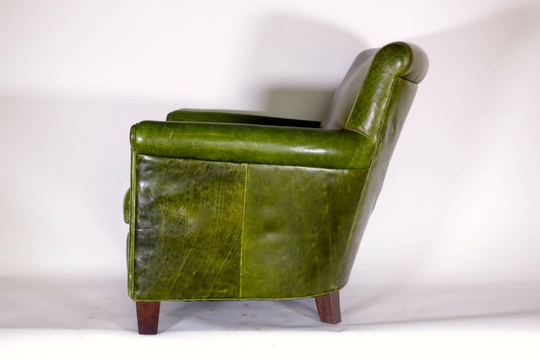Antique French Distressed Emerald Green Leather Club Chair at 1stDibs