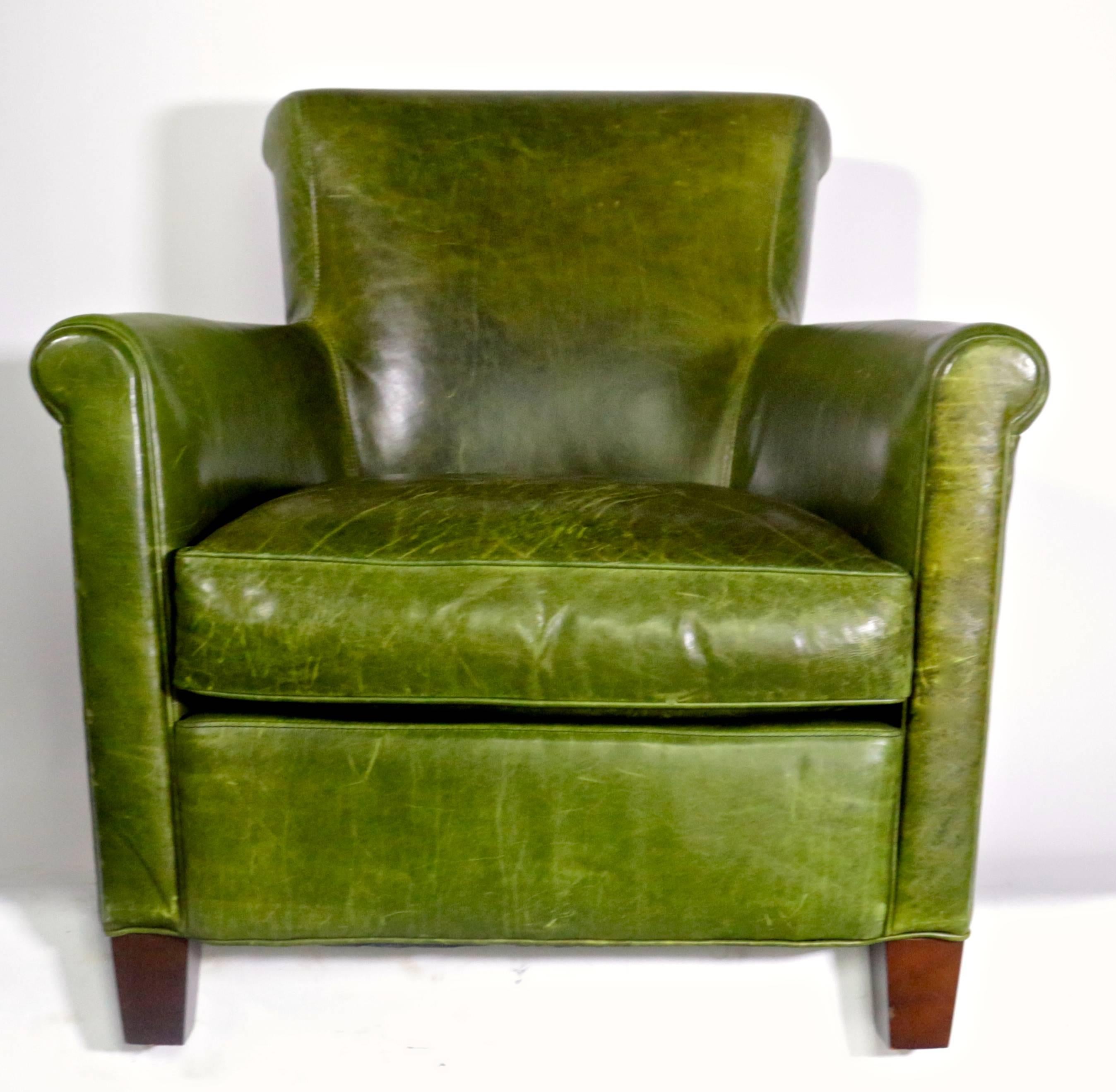 Art Deco Antique French Distressed Emerald Green Leather Club Chair
