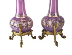 Pair of French or Italian Art Glass Raised Gilt Vases, Bronze Mounts