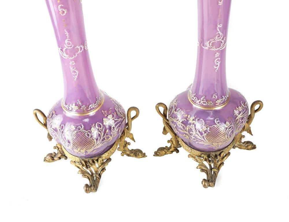 Pair of French or Italian Art Glass Raised Gilt Vases, Bronze Mounts In Good Condition For Sale In Pasadena, CA