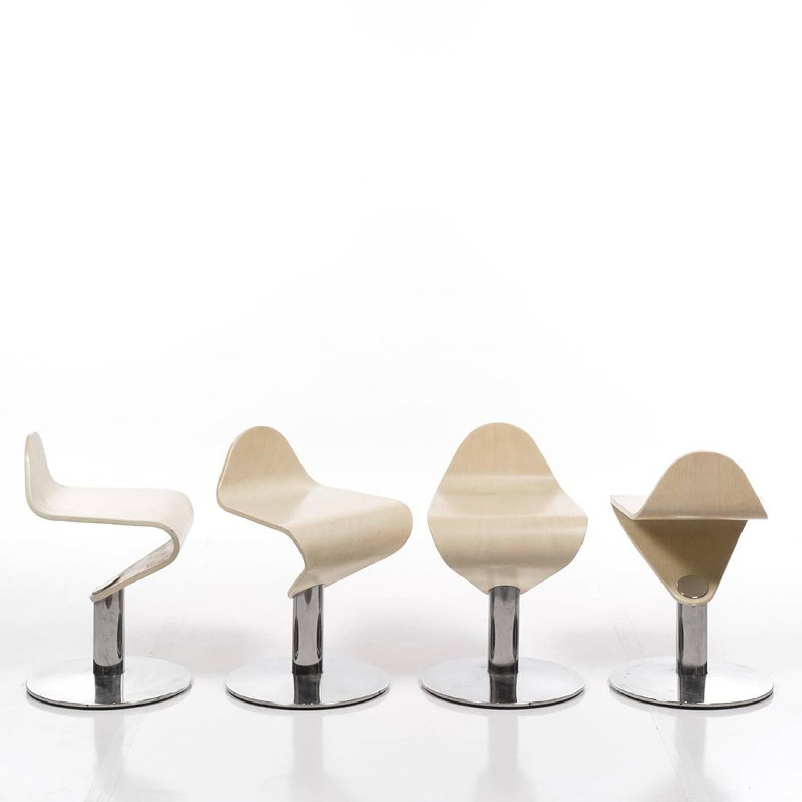 Set of six modern bent plywood and chrome surf stools by Allermuir, United Kingdom, 2000s.