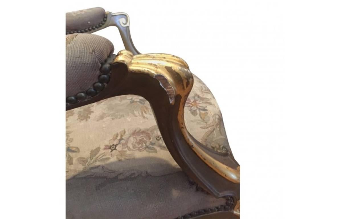 French Louis XV Style Giltwood Tapestry Upholstered Fauteuils For Sale