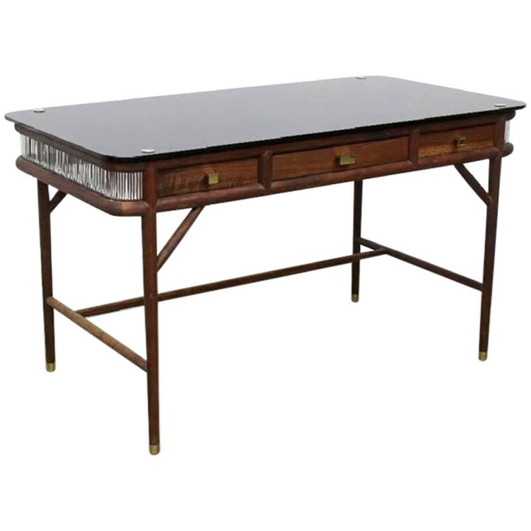 Westin Mitchell Parlor Walnut, Brass, and Glass Desk at 1stDibs