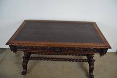 French 1900s Carved Oak Barley Twist Library Table