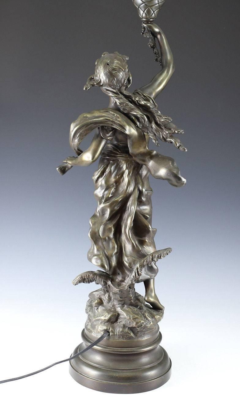 L & F Moreau Patinated Bronze Figural Lamp with Rock Crystal Flame, 19th Century In Good Condition For Sale In Pasadena, CA