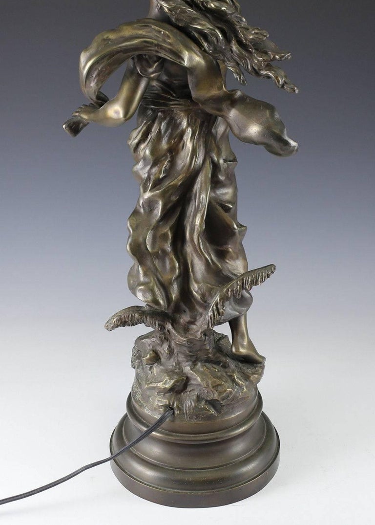 L and F Moreau Patinated Bronze Figural Lamp with Rock Crystal Flame