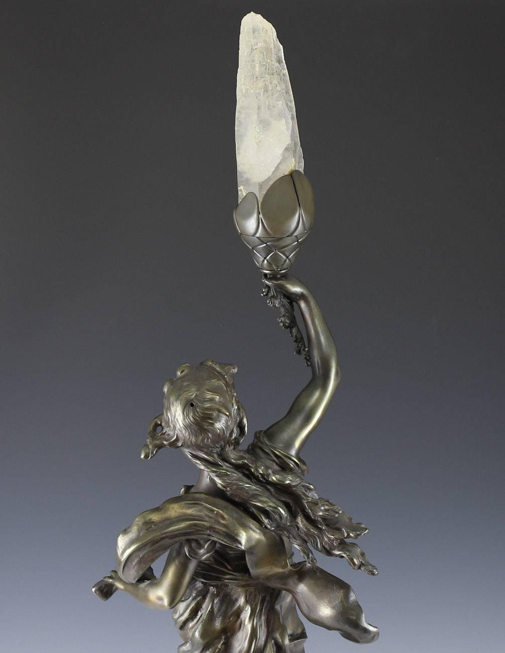 18th Century and Earlier L & F Moreau Patinated Bronze Figural Lamp with Rock Crystal Flame, 19th Century For Sale
