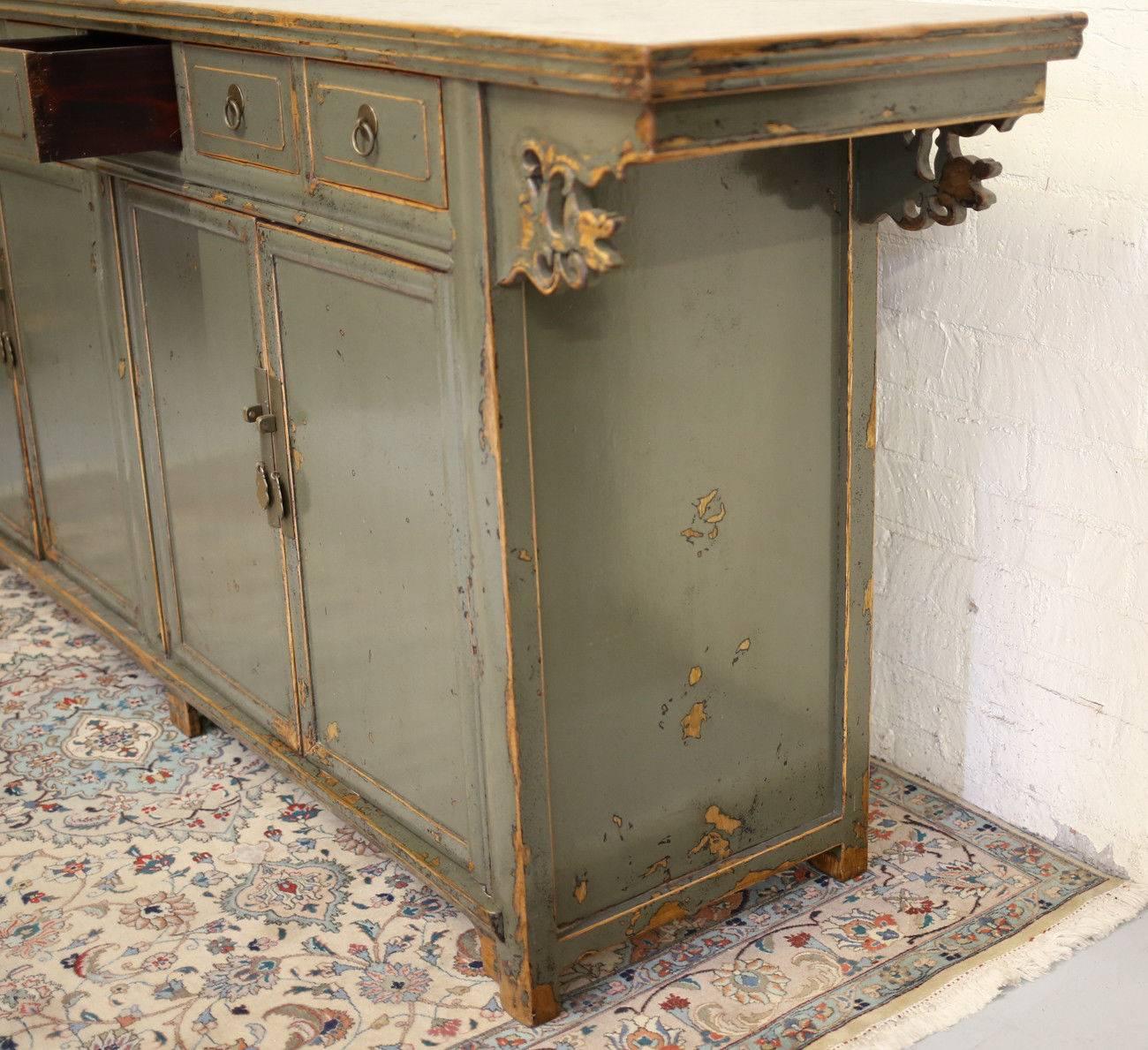 Chinese Sideboard, Painted Green Lacquer, Mahogany Drawers, 19th Century For Sale 6