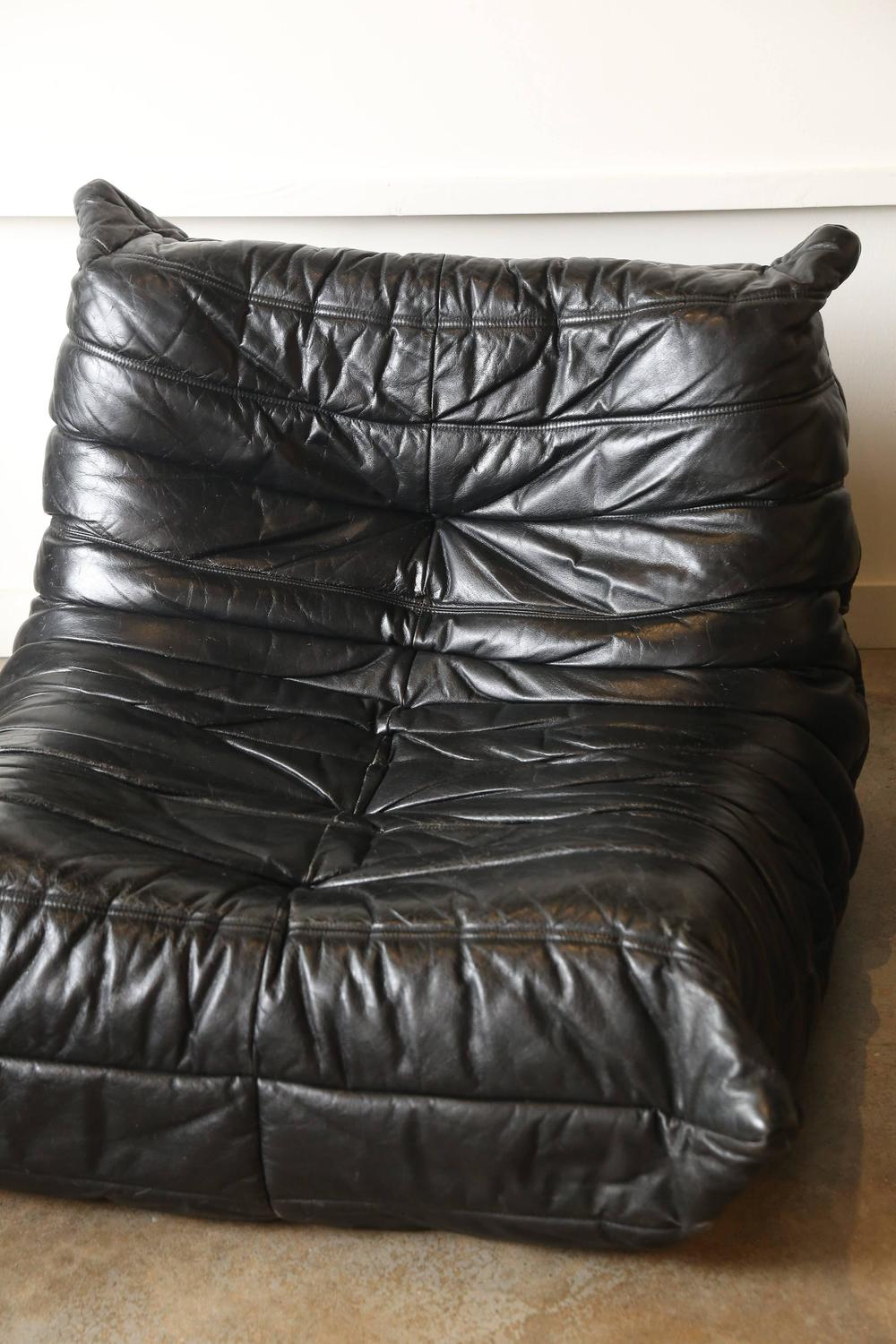 Pair of Togo Black Leather Chair Michel Ducaroy, Ligne Roset For Sale