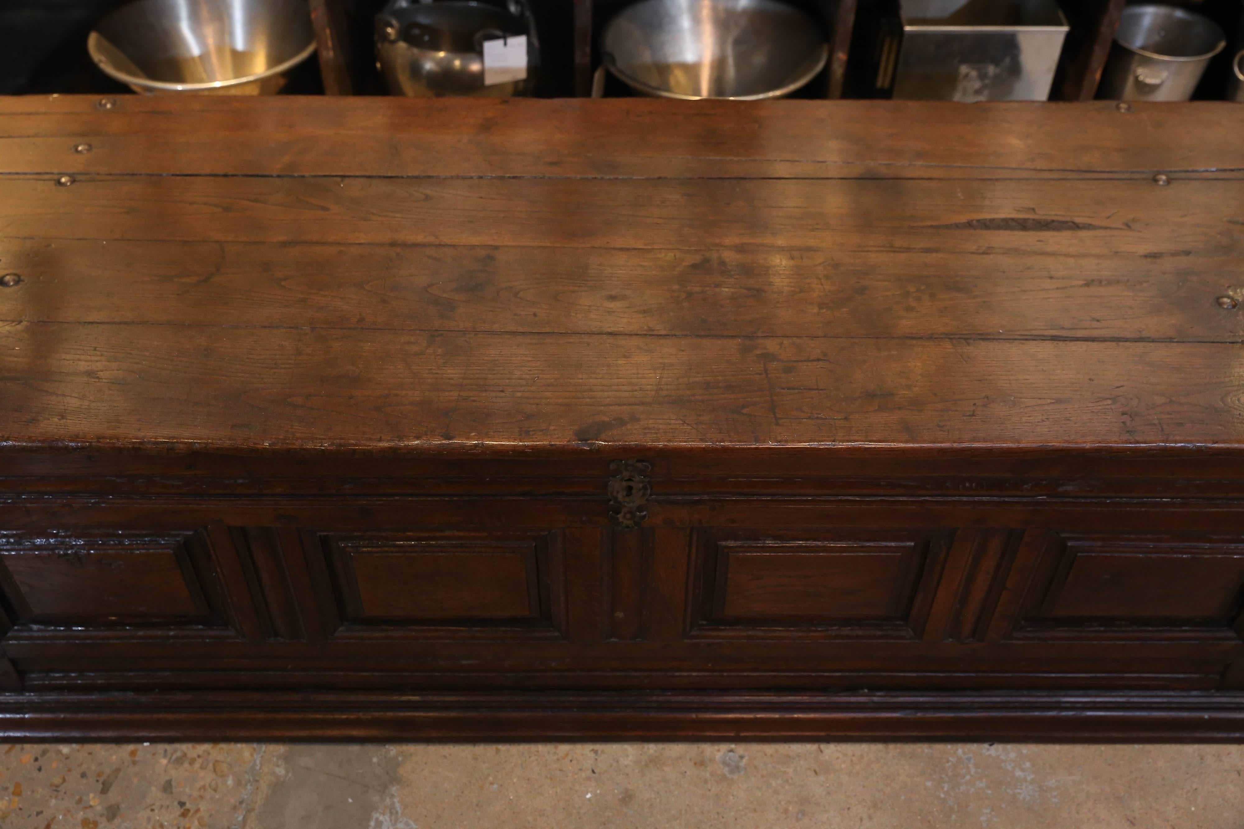 This hand-carved French walnut coffer is fitted with interior hand forged iron strap hardware.