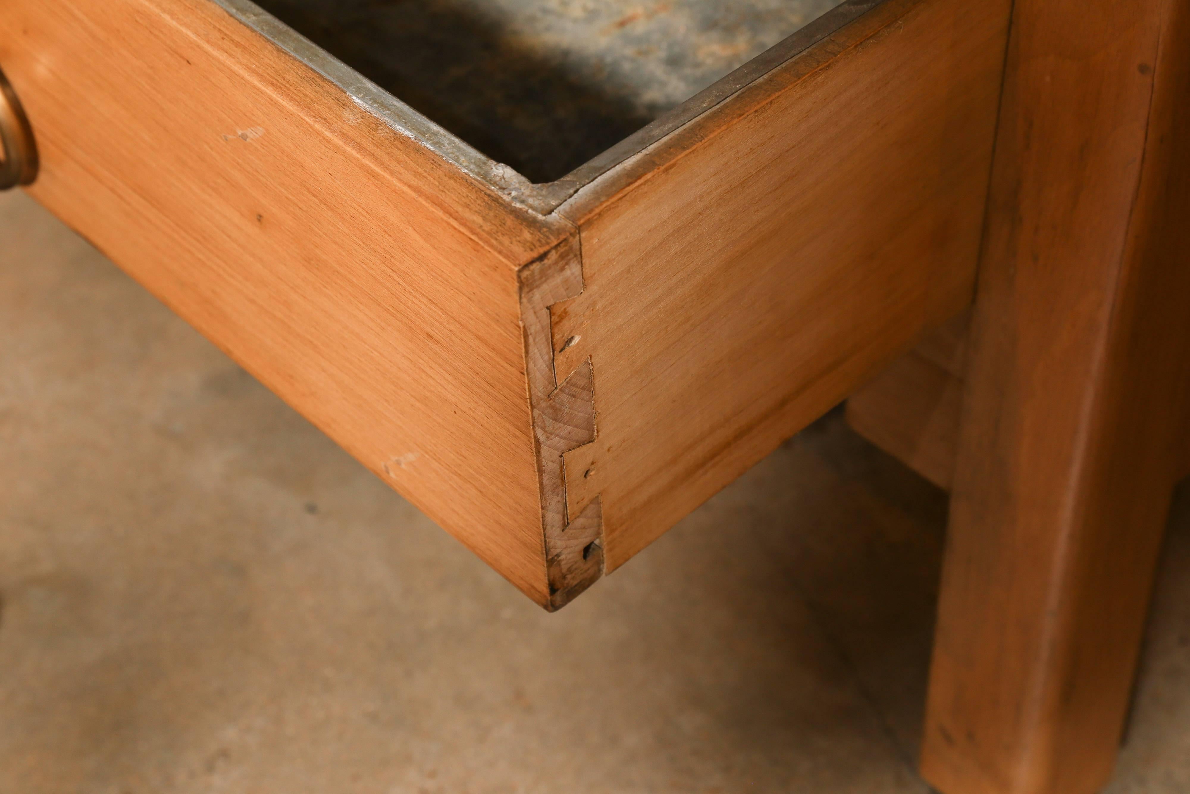 20th Century French Butcher Block with Zinc-Lined Drawer