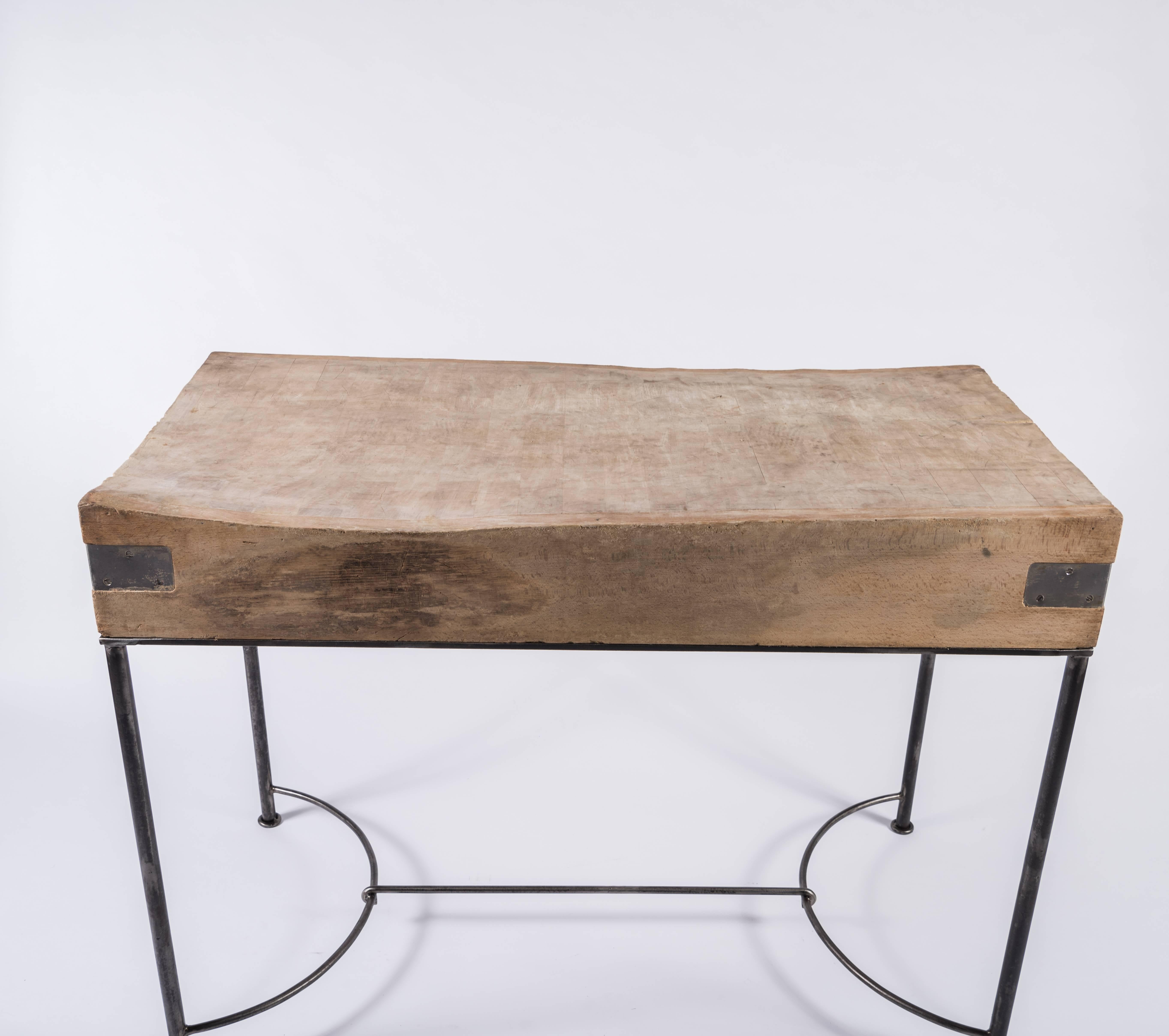 French Vintage Butcher Block from France on Custom Iron Base