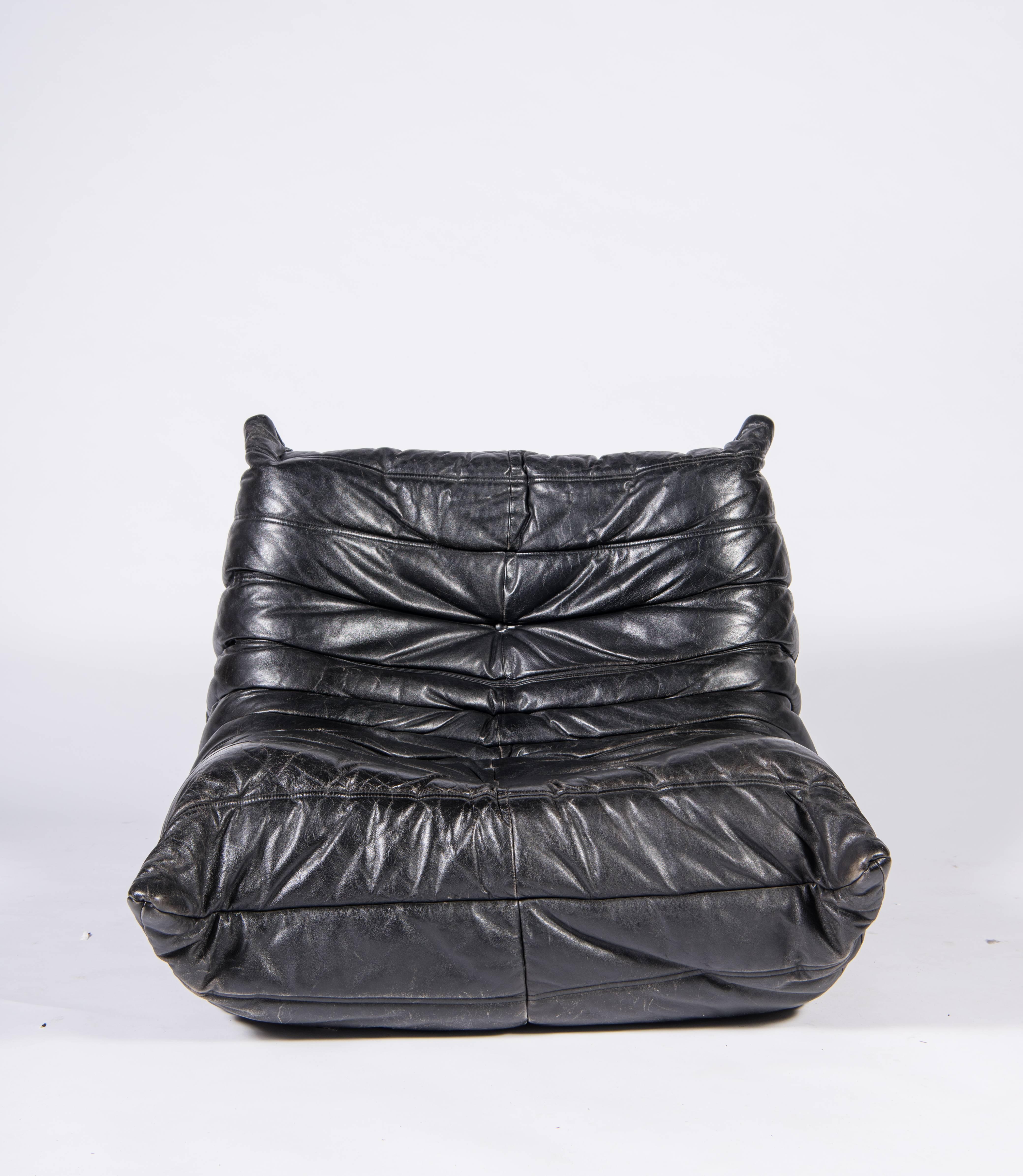 Modern Togo Black Leather Chair, Michel Ducaroy, Ligne Roset