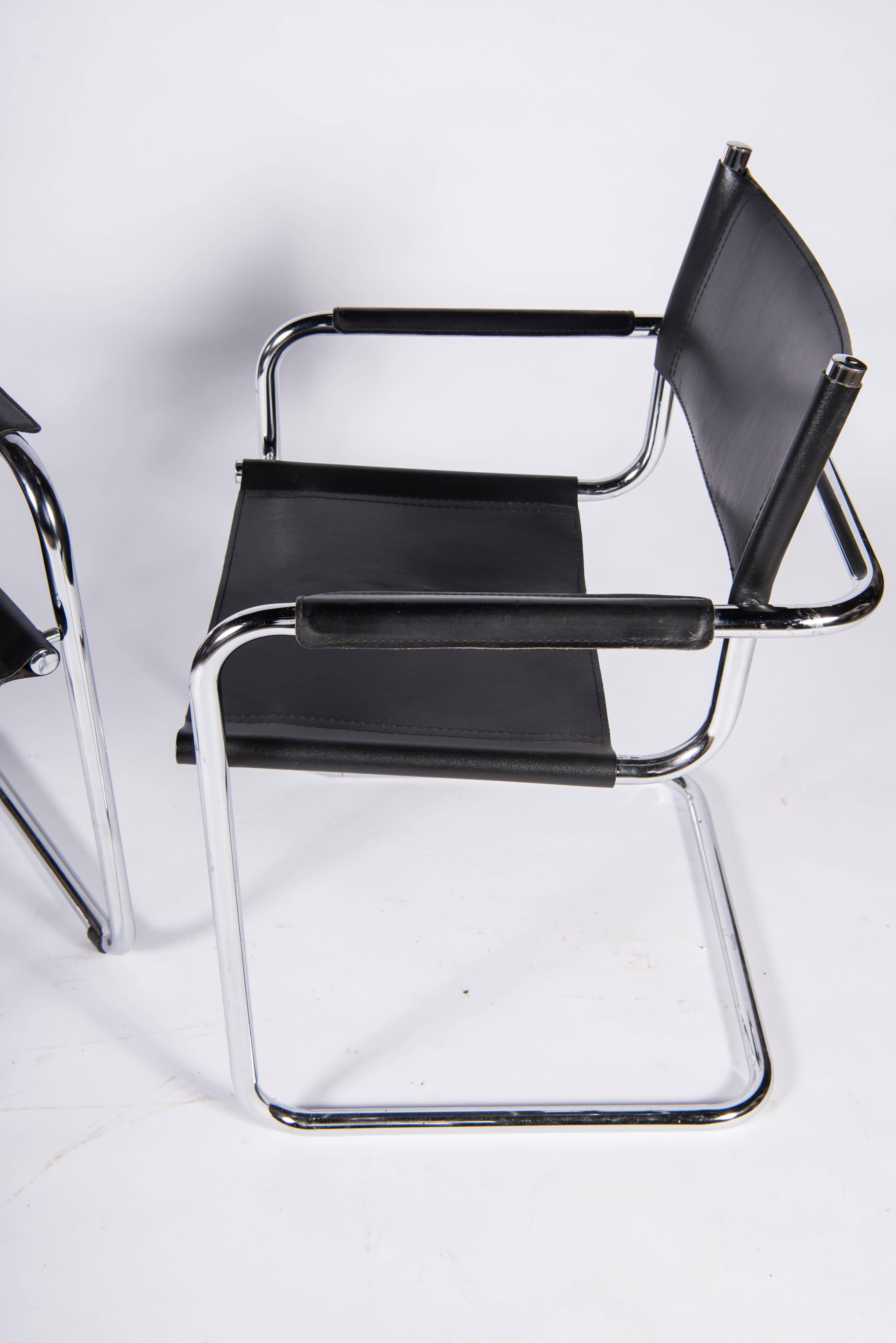 Bauhaus 1920 Cantilevered Chrome Armchairs with black leather sling seat 