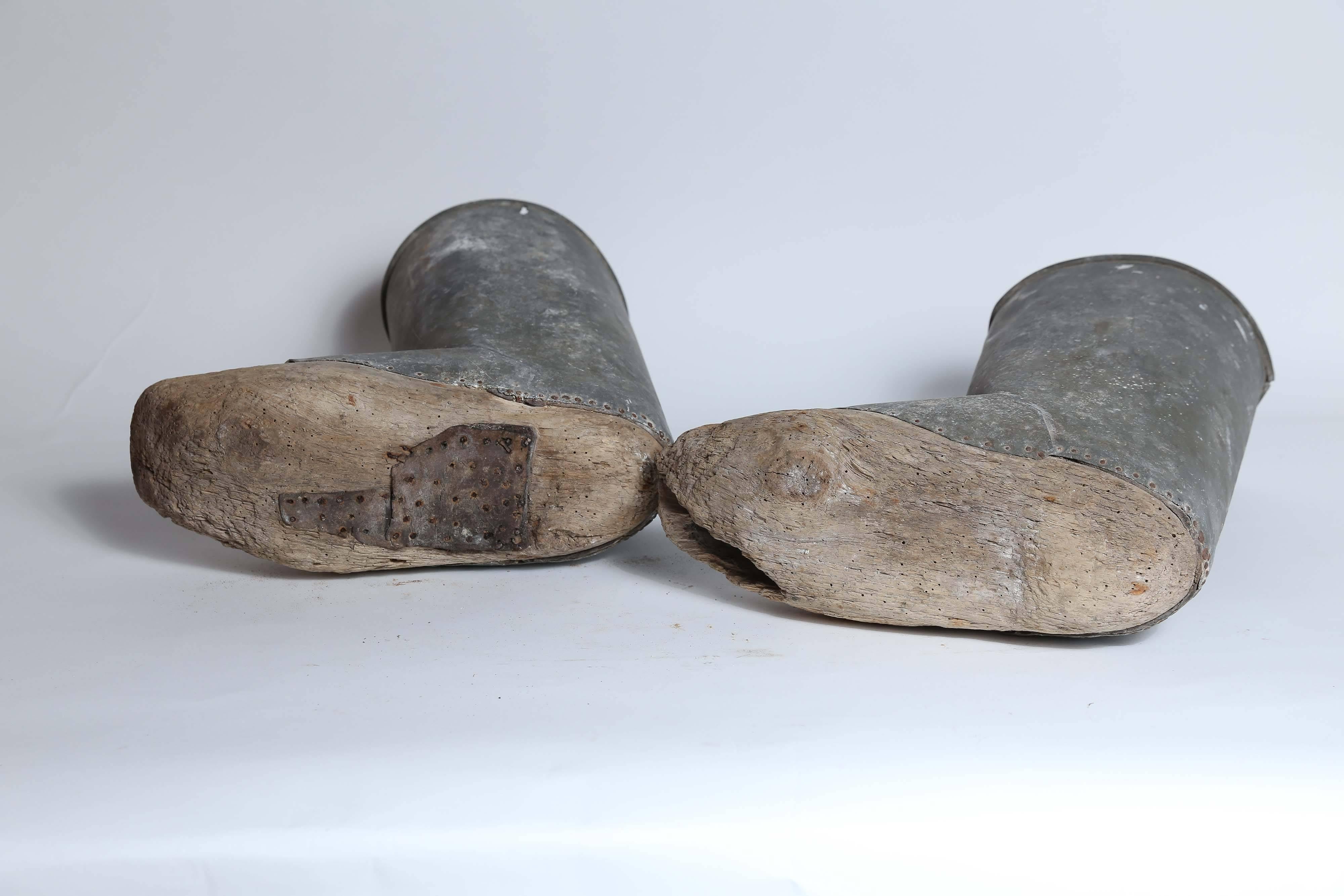 Pair of 19th Century Zinc and Wood Boots 1