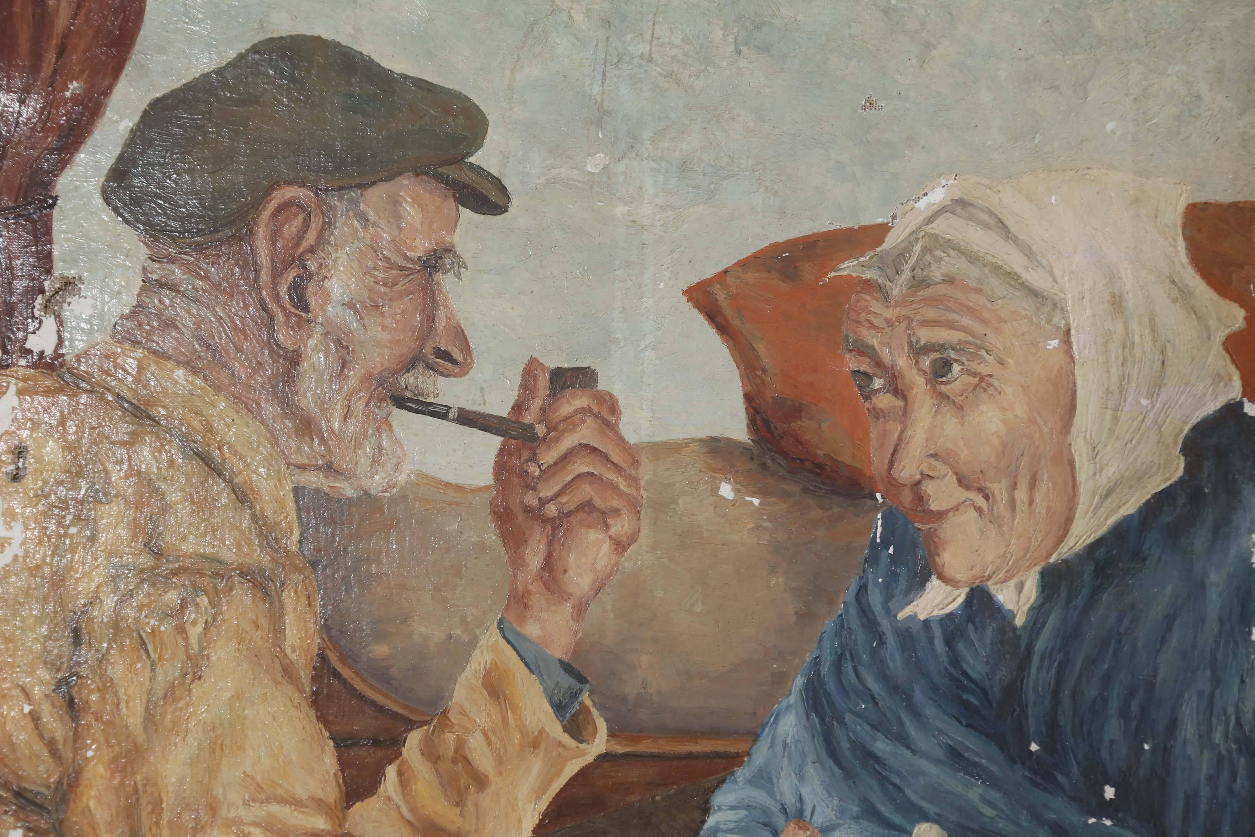 A charming 19th century French oil painting of two old friends or lovers commiserating over a warm drink. The man smokes his pipe as he laughingly tells his tales while the woman listens with adoring patience. The artist's signature has been