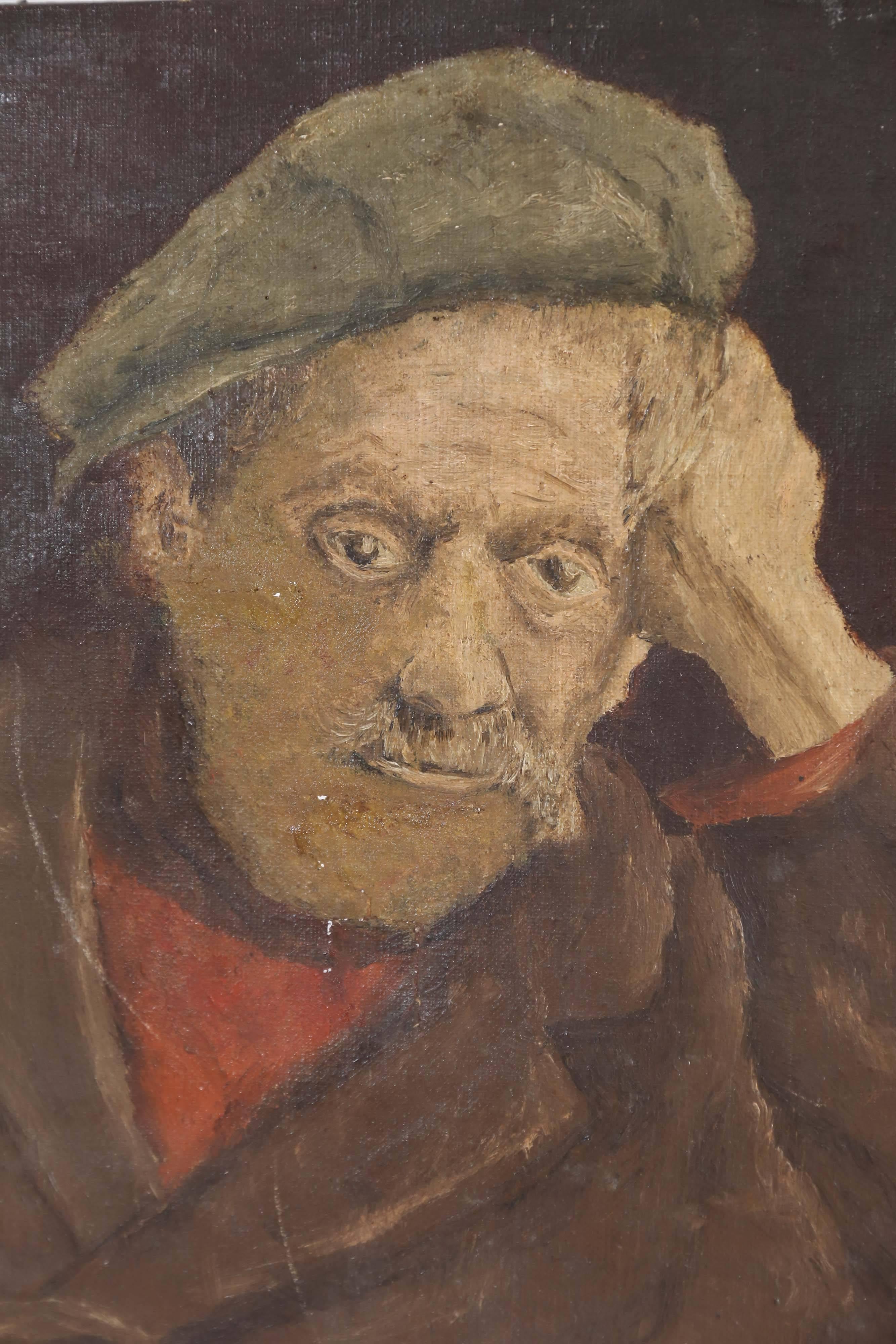 Signed A. Lambert, 1833, an oil on canvas painting of a weary working man from France. The canvas was torn and repaired at some point many years ago which adds a bit of mystery to this dark and thought-provoking piece.