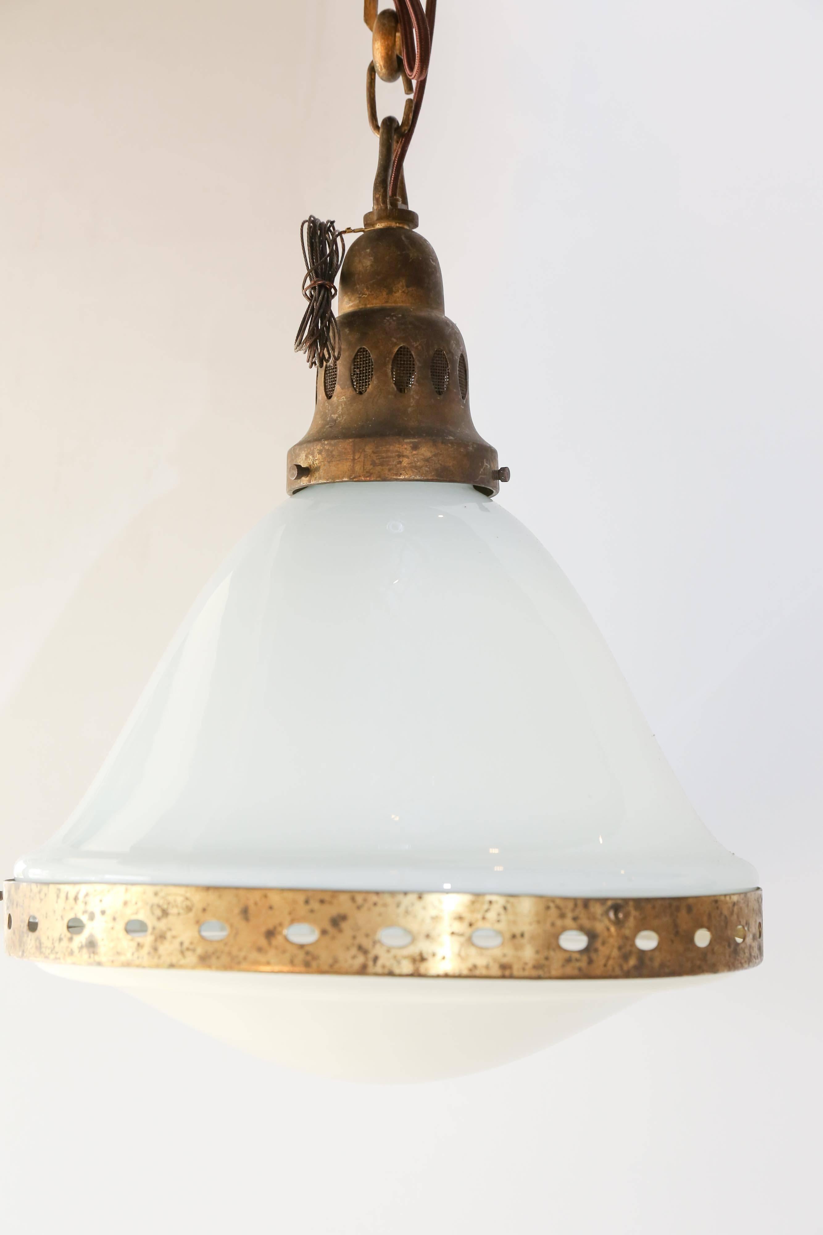 Antique French Brass and White Glass Pendant In Good Condition In Houston, TX