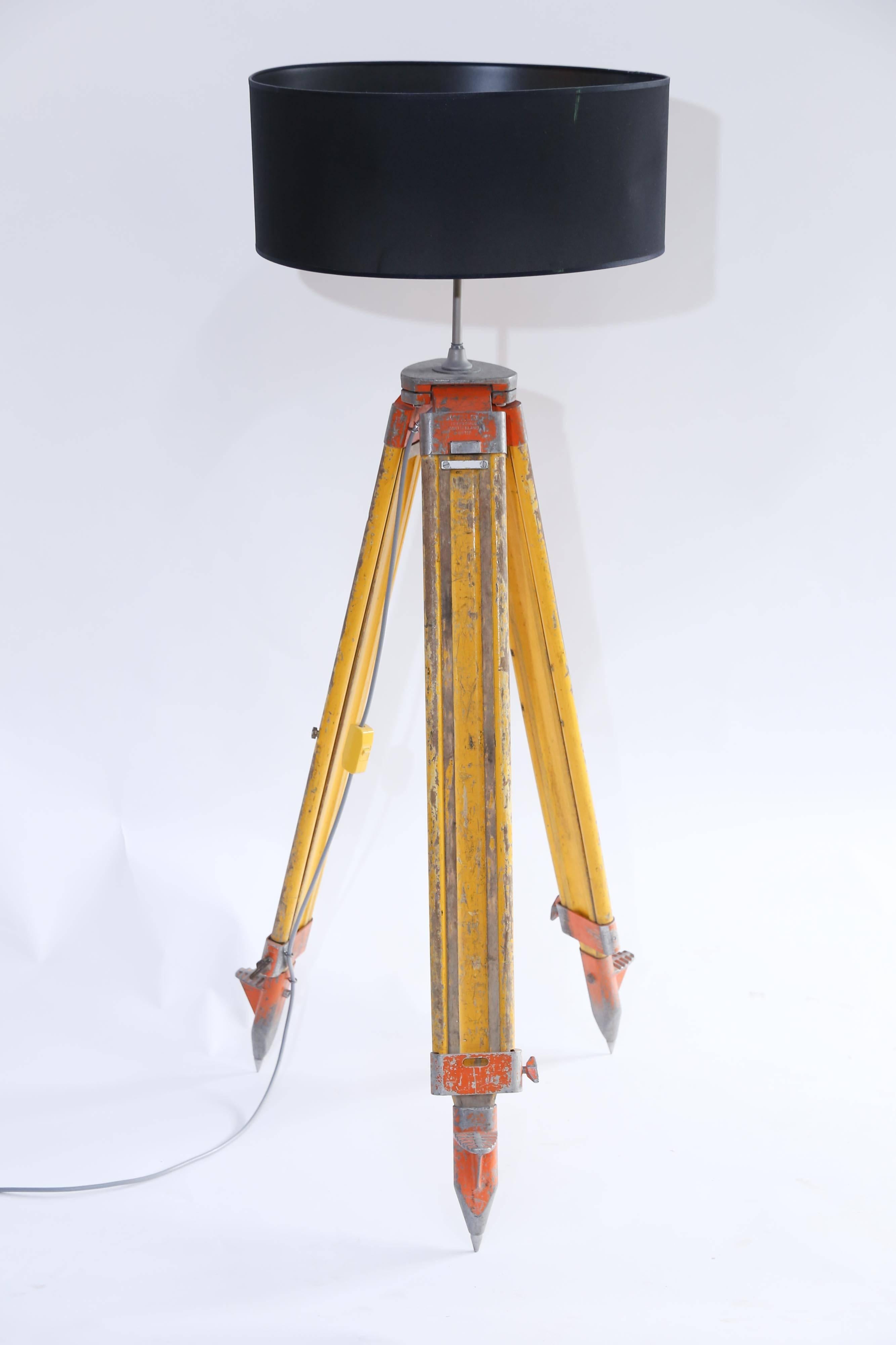 Floor or Table Lamp Made from Vintage Industrial Surveyor's Tripod In Good Condition In Houston, TX