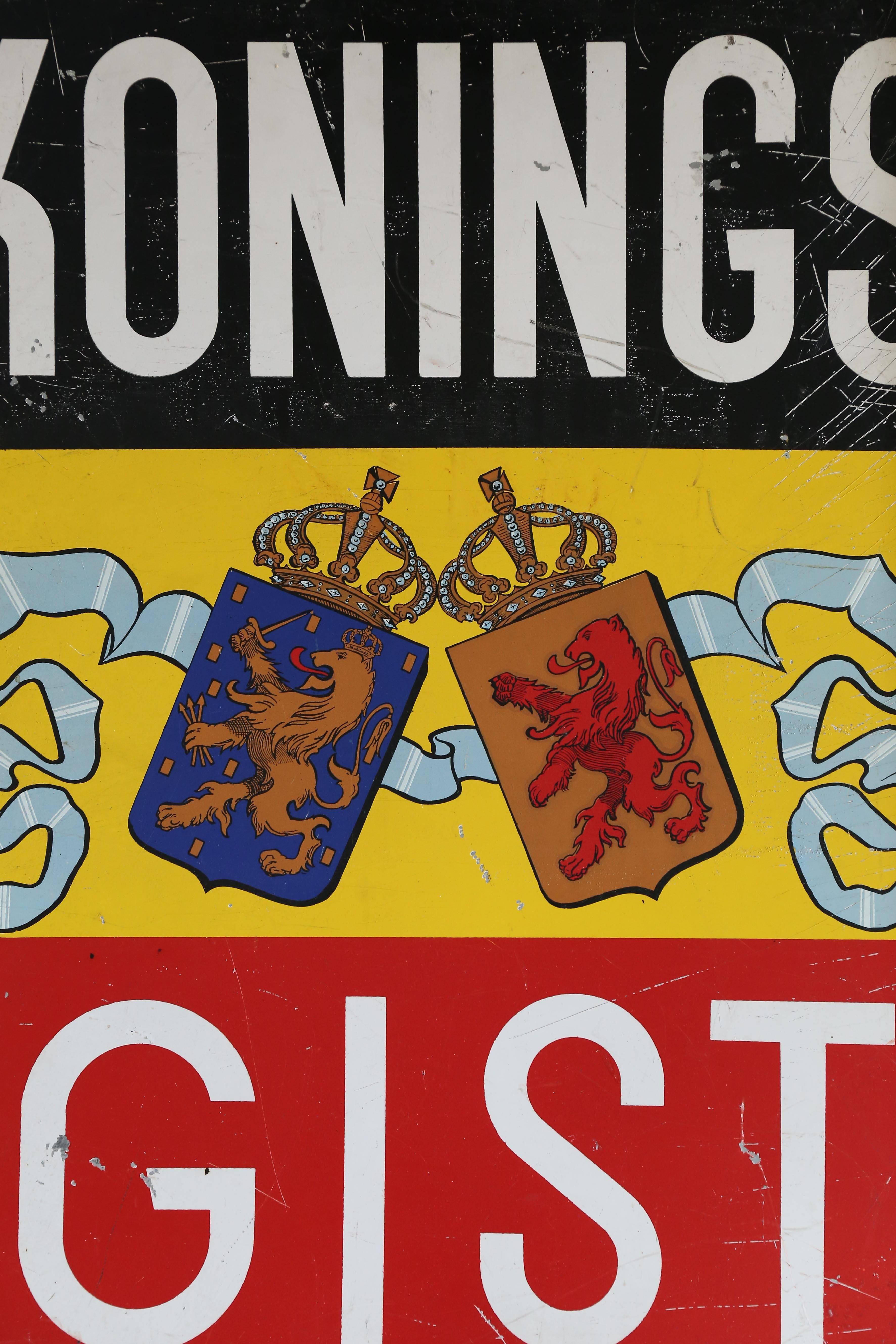 A tin sign from The Netherlands advertising Kings Yeast. The symbolic Lion of the Dutch Republic is also the trade mark of this iconic product. Fun for the right kitchen or in a retail bakery or shop.