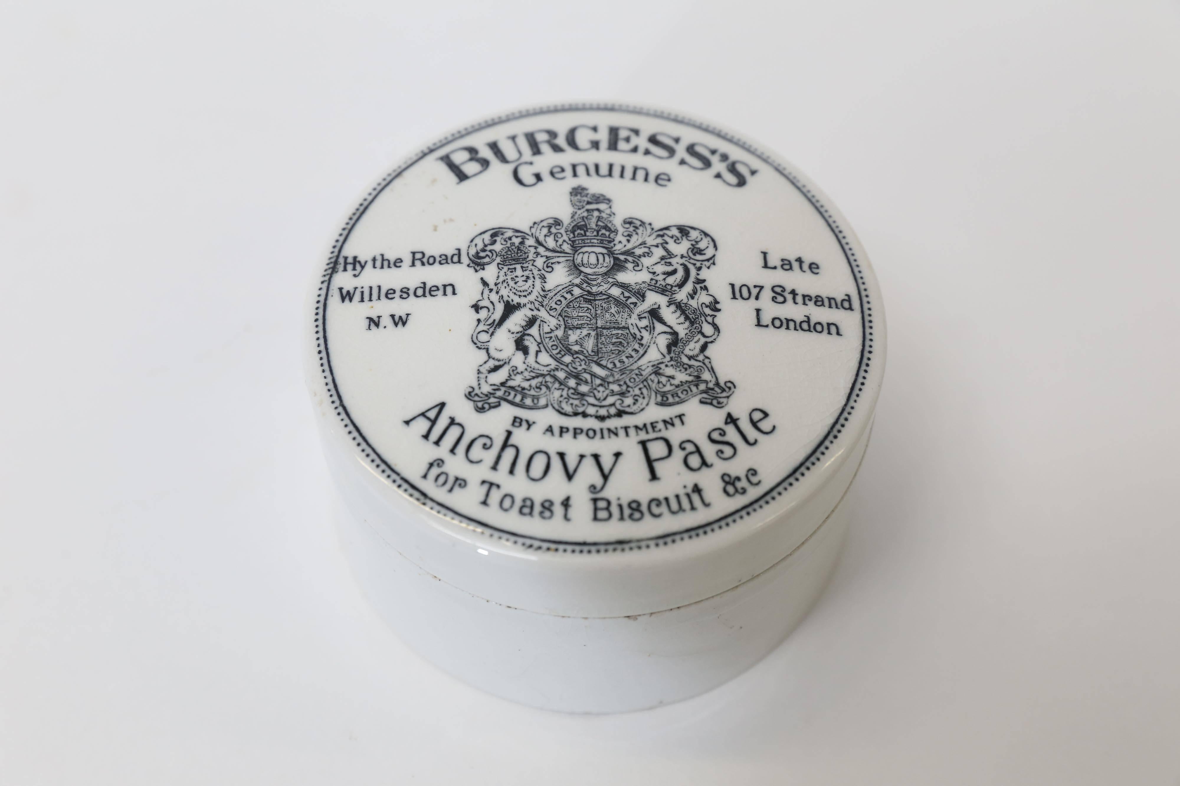 A small pot for Burgess's genuine anchovy paste. For over 200 years, John Burgess and Son made their mark on British popular culture. Thanks to their relentless marketing, their sauces were mentioned in novels, poems, and even tongue twisters, while